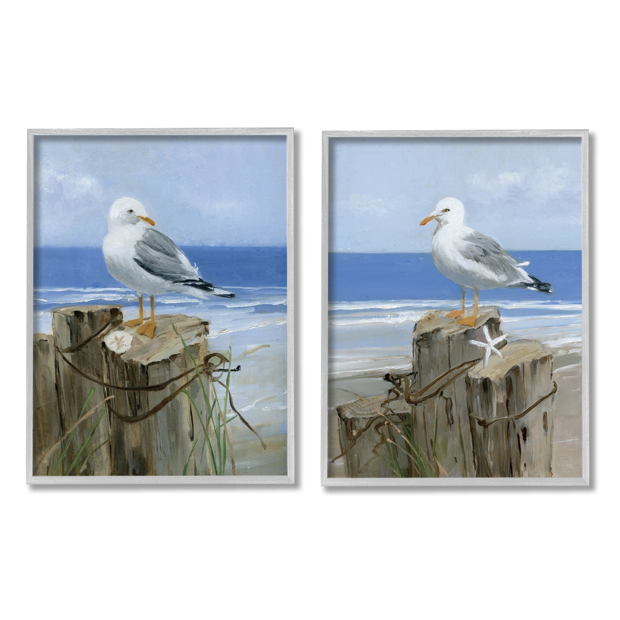 Stupell Industries Seagulls Beach Shore Wooden Pillars Sanddollar Starfish Scene, 11 x 14, Design by Sally Swatland
