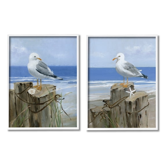 Stupell Industries Seagulls Beach Shore Wooden Pillars Sanddollar Starfish Scene, 24 x 30, Design by Sally Swatland
