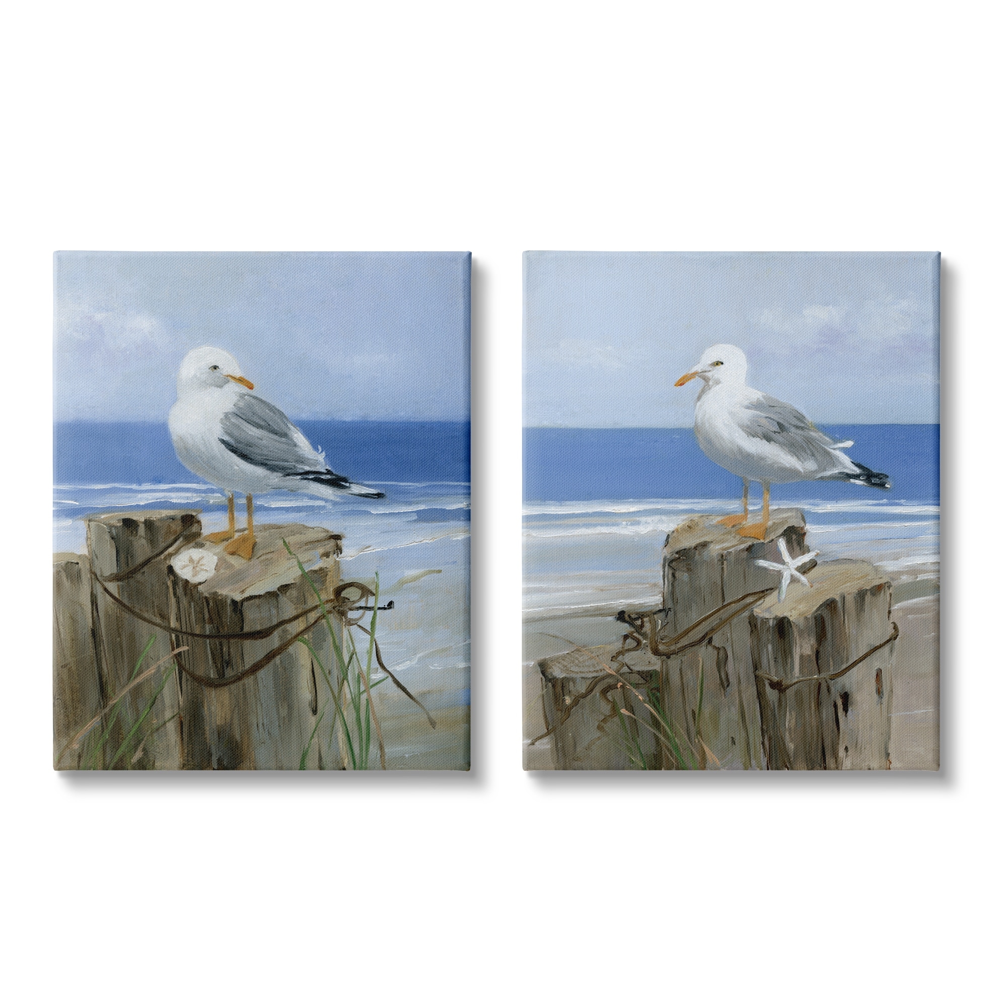 Stupell Industries Seagulls Beach Shore Wooden Pillars Sanddollar Starfish Scene, 24 x 30, Design by Sally Swatland