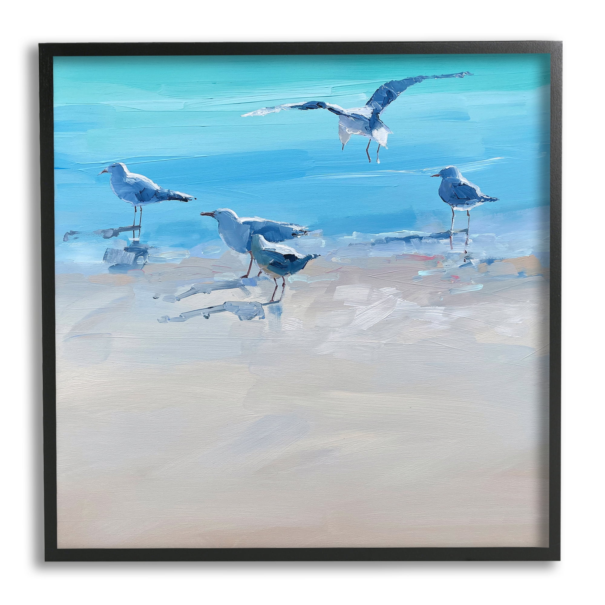 Stupell Industries Seagulls Grazing on Shore Animals & Insects Painting Black Framed Art Print Wall Art, 24 x 24
