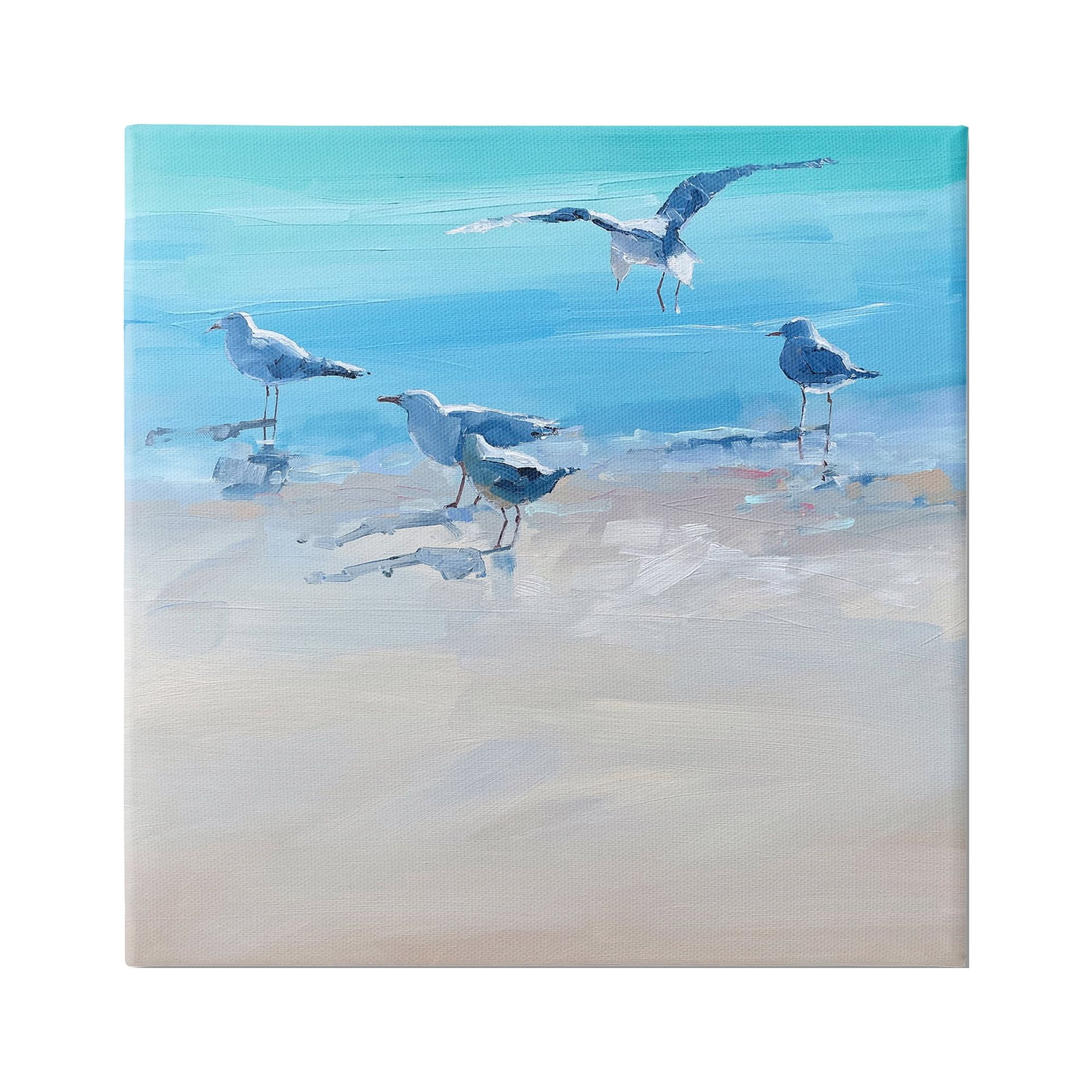Stupell Industries Seagulls Grazing on Shore Animals & Insects Painting Gallery Wrapped Canvas Art Print Wall Art, 17 x 17