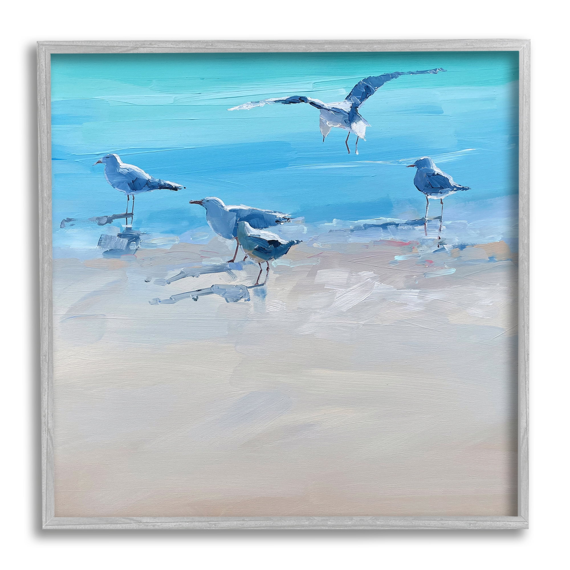 Stupell Industries Seagulls Grazing on Shore Animals & Insects Painting Gray Framed Art Print Wall Art, 12 x 12