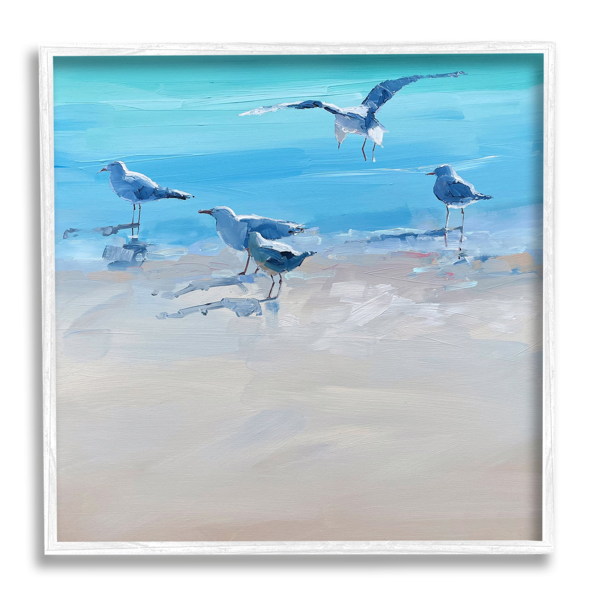 Stupell Industries Seagulls Grazing on Shore Animals & Insects Painting White Framed Art Print Wall Art, 24 x 24
