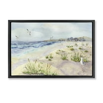 Stupell Industries Seagulls Over Beach Landscape Painting Black Floater Framed Canvas Art Print Wall Art, 25 x 17