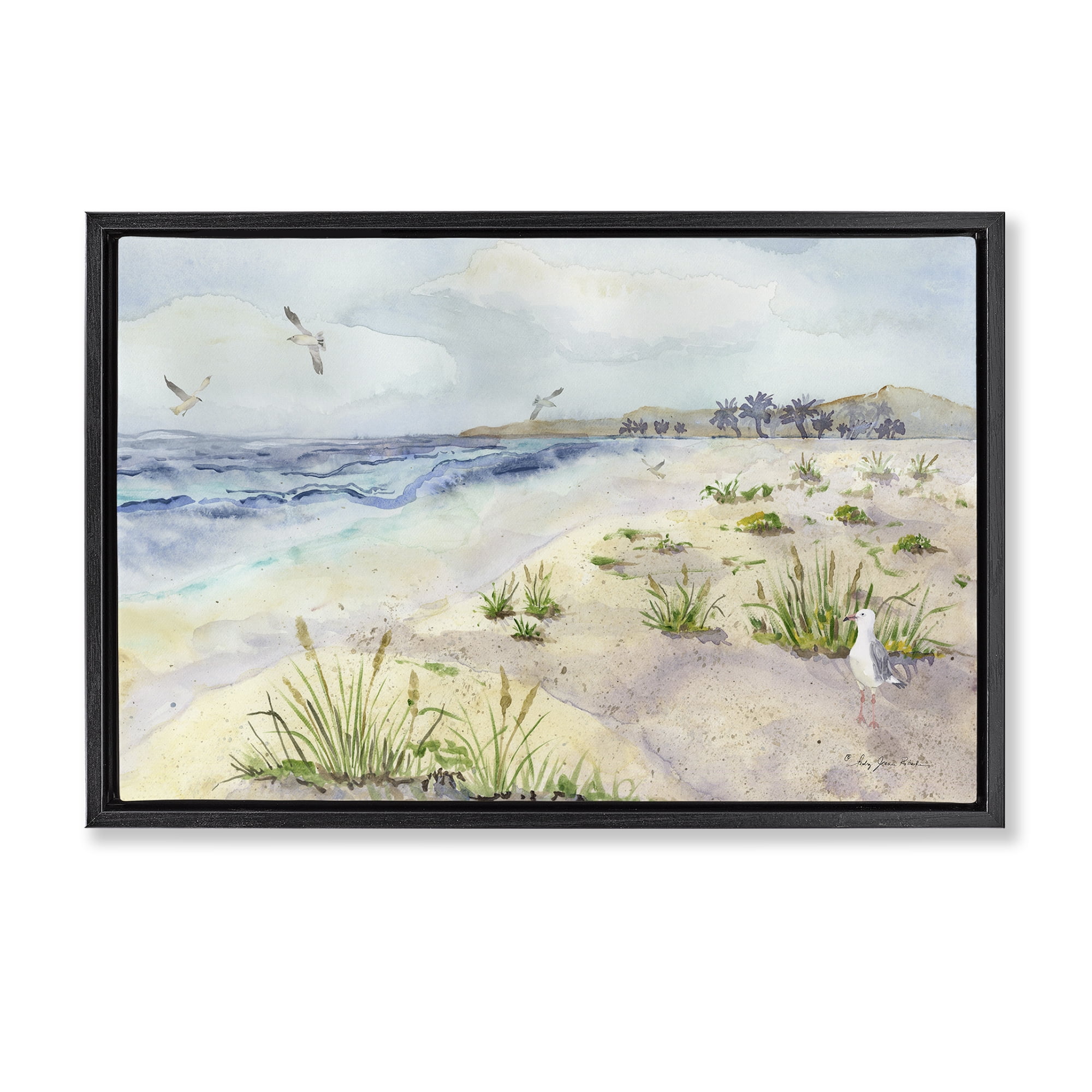 Stupell Industries Seagulls Over Beach Landscape Painting Black Floater Framed Canvas Art Print Wall Art, 31 x 21