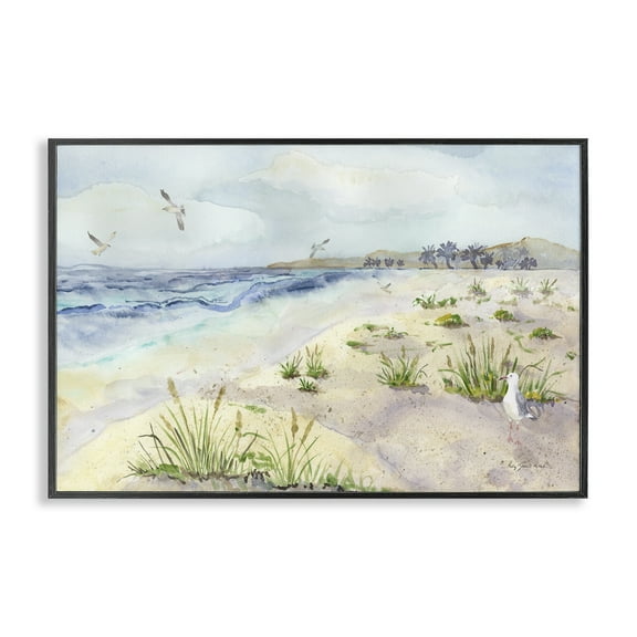 Stupell Industries Seagulls Over Beach Landscape Painting Black Framed Art Print Wall Art, 18 x 12