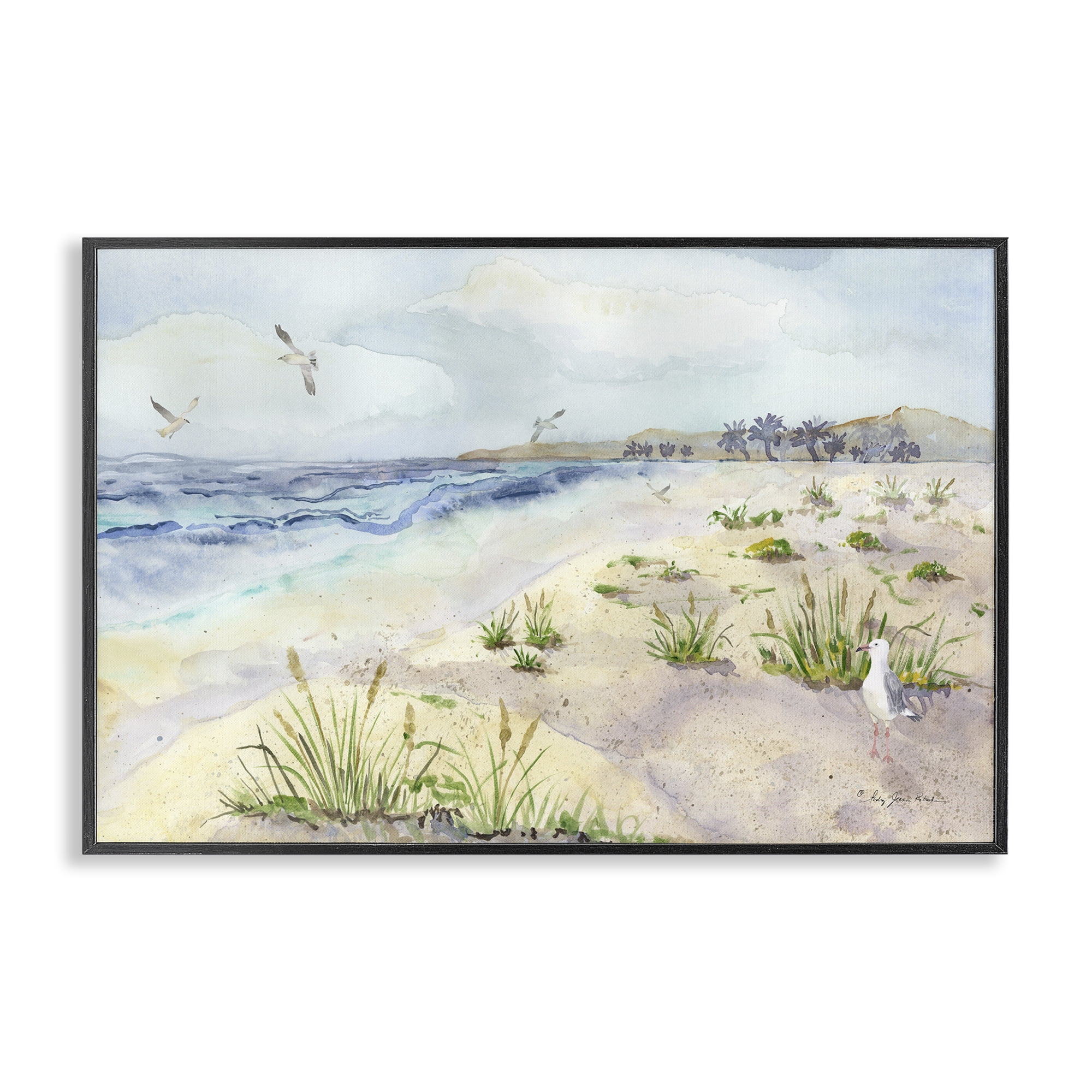Stupell Industries Seagulls Over Beach Landscape Painting Black Framed Art Print Wall Art, 30 x 20