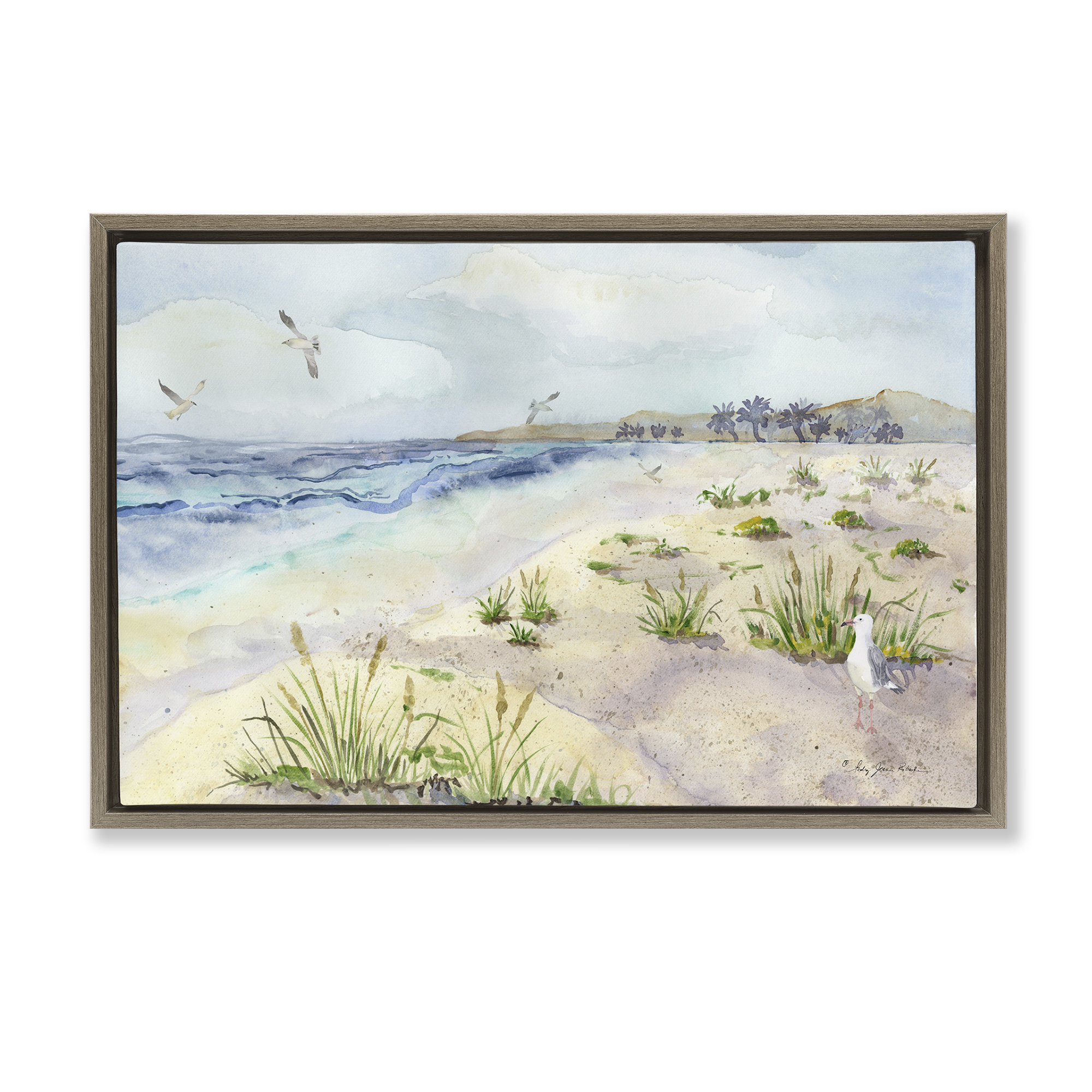 Stupell Industries Seagulls Over Beach Landscape Painting Brown Floater Framed Canvas Art Print Wall Art, 31 x 21