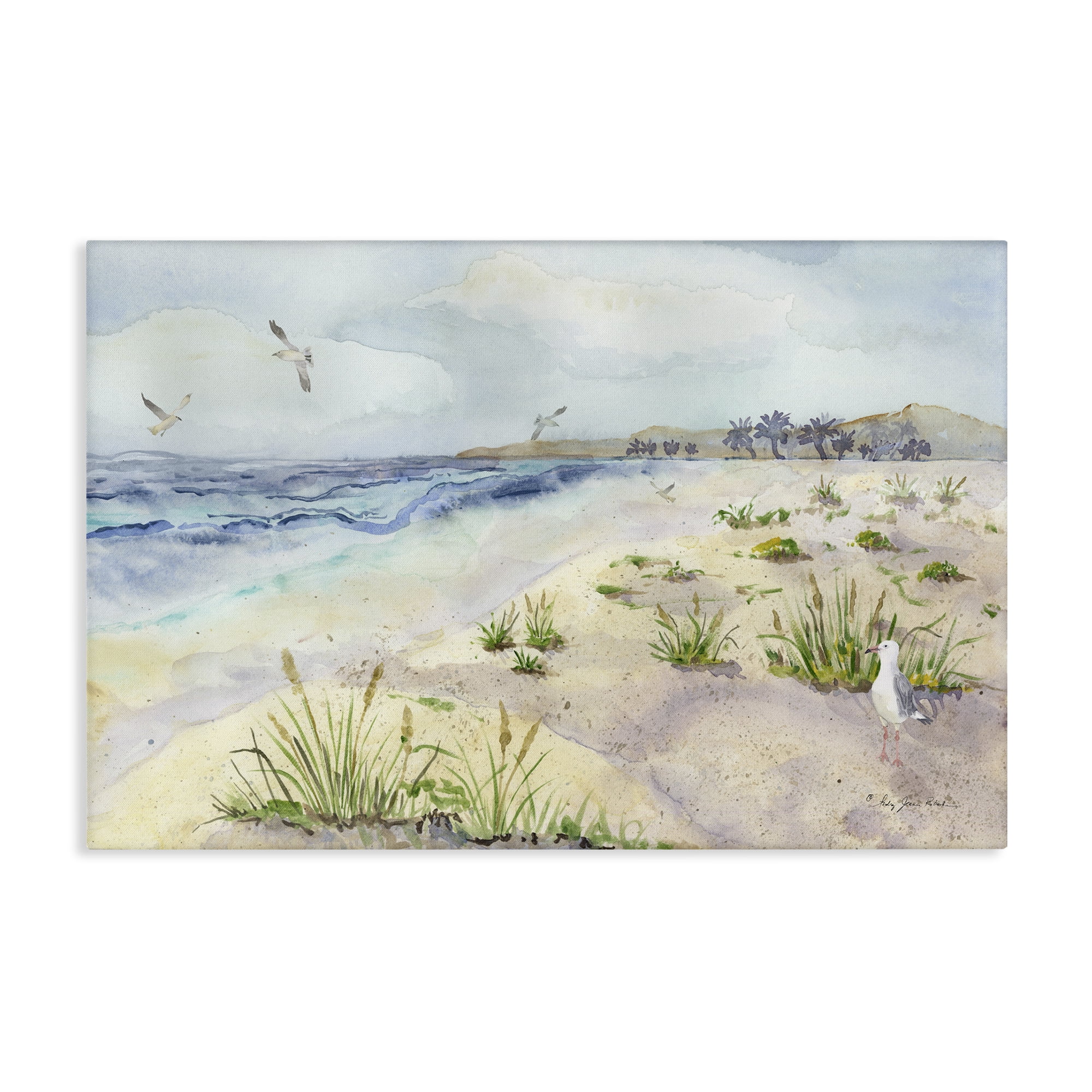 Stupell Industries Seagulls Over Beach Landscape Painting Gallery Wrapped Canvas Art Print Wall Art, 36 x 24