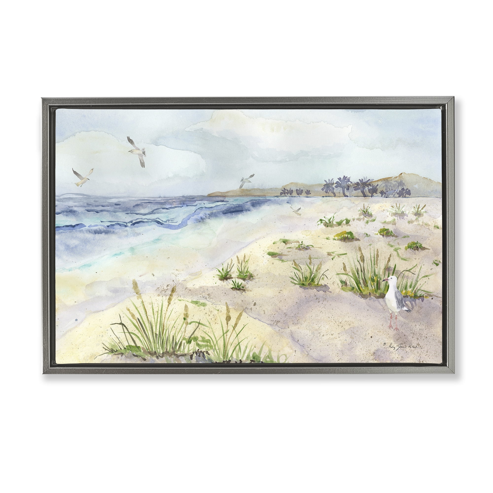 Stupell Industries Seagulls Over Beach Landscape Painting Gray Floater Framed Canvas Art Print Wall Art, 25 x 17
