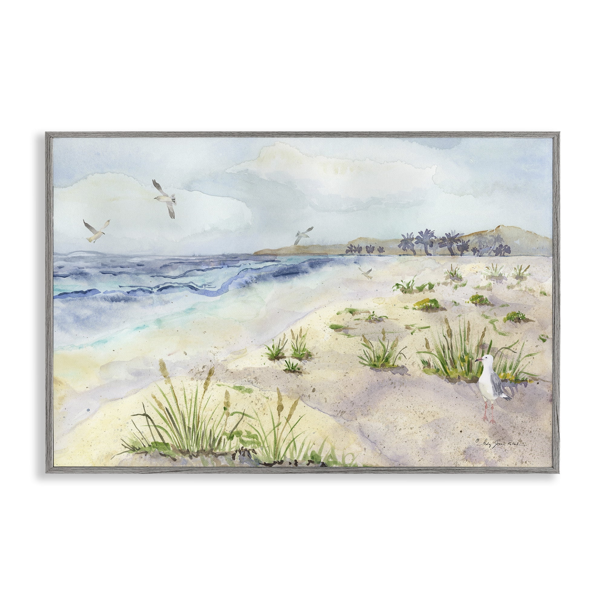 Stupell Industries Seagulls Over Beach Landscape Painting Gray Framed Art Print Wall Art, 24 x 16