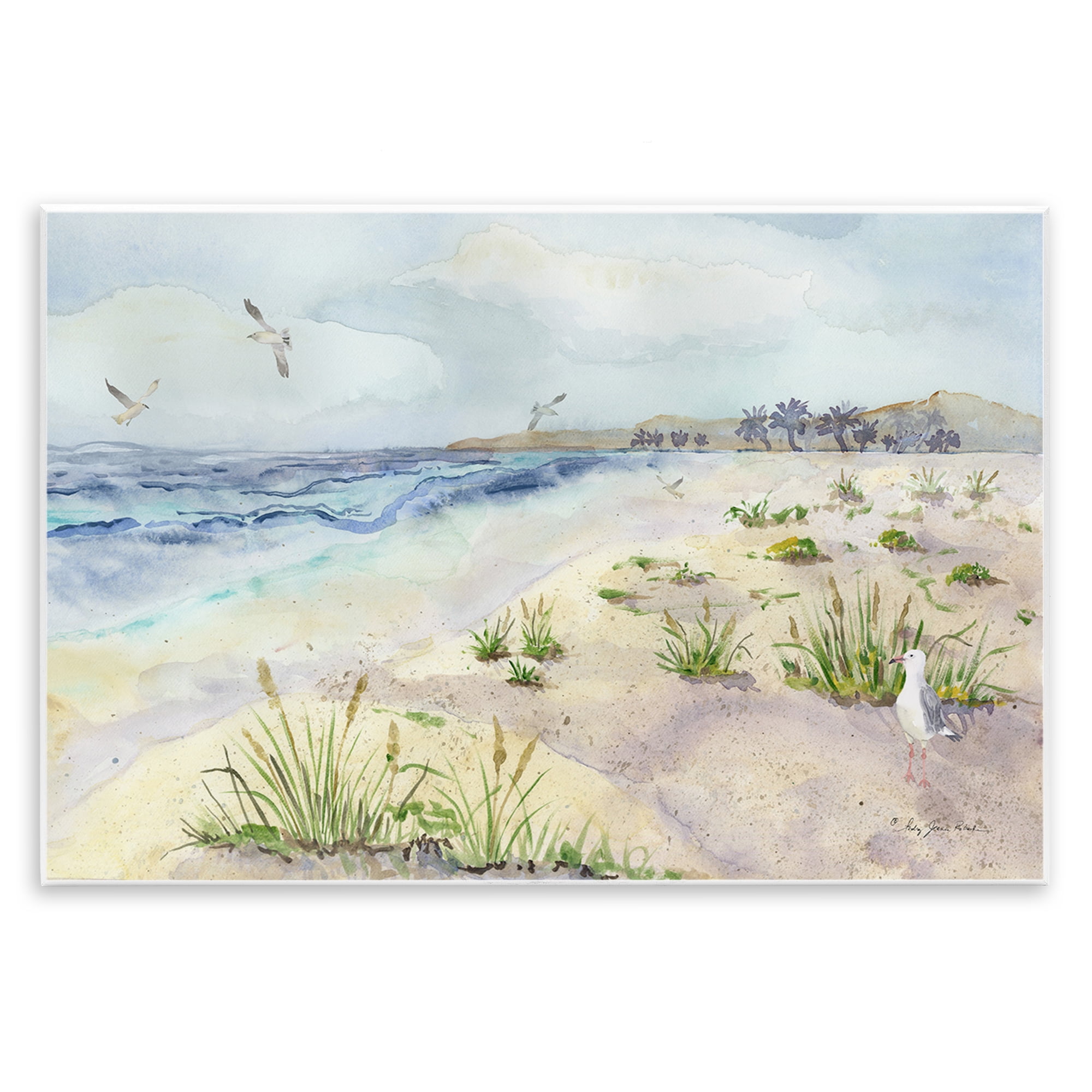Stupell Industries Seagulls Over Beach Landscape Painting Unframed Art Print Wall Art, 15 x 10