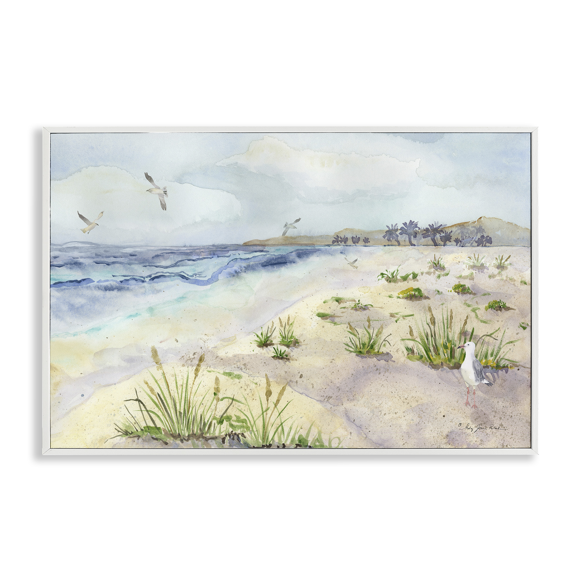 Stupell Industries Seagulls Over Beach Landscape Painting White Framed Art Print Wall Art, 30 x 20