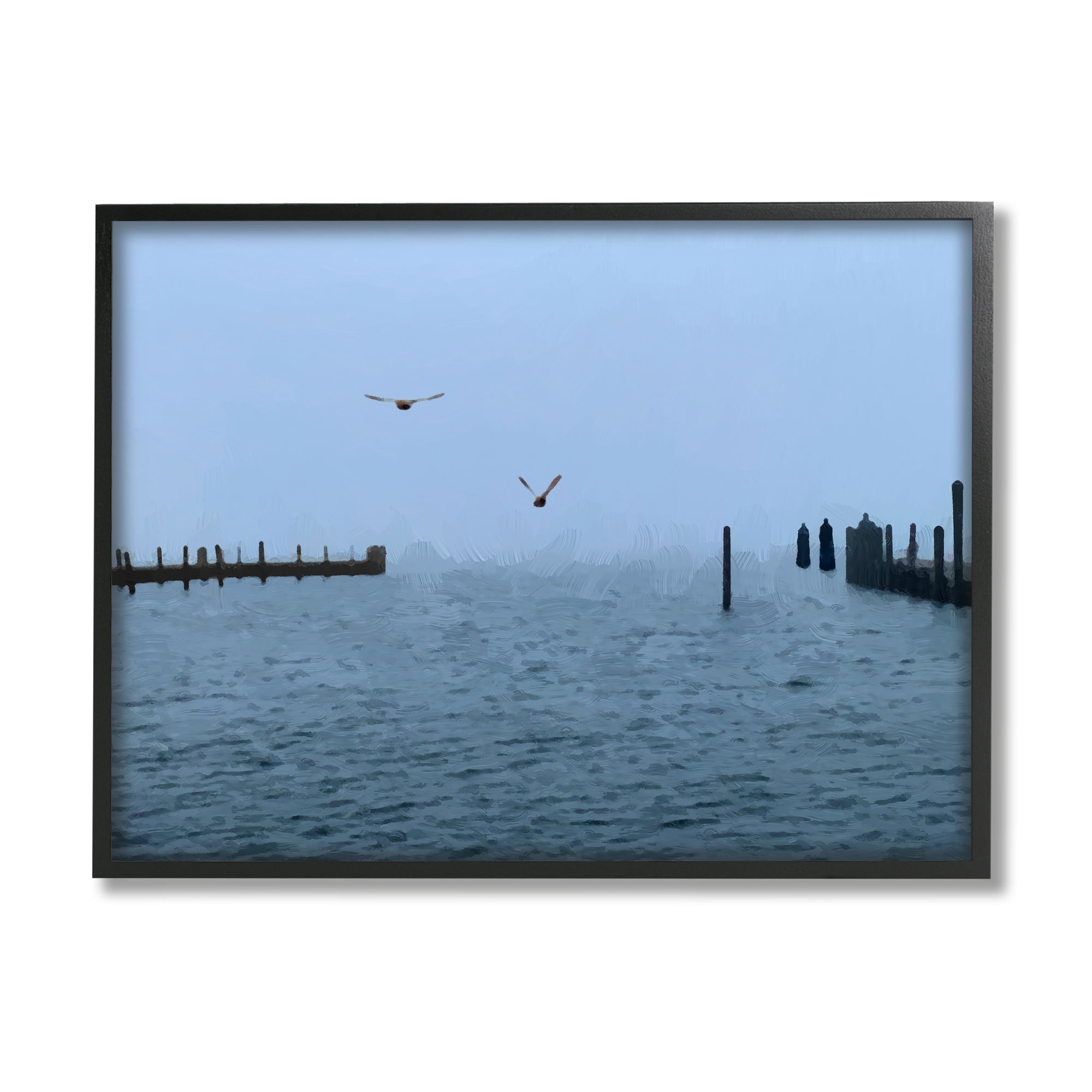 Stupell Industries Seagulls Over Ocean Dock Waters Coastal Photography Black Framed Art Print Wall Art