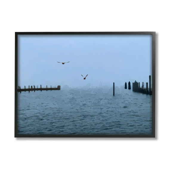 Stupell Industries Seagulls Over Ocean Dock Waters Coastal Photography Black Framed Art Print Wall Art