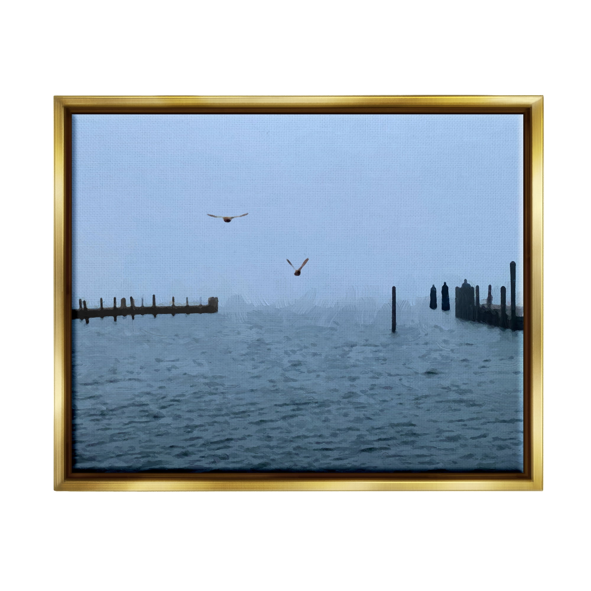 Stupell Industries Seagulls Over Ocean Dock Waters Coastal Photography Gold Floater Framed Art Print Wall Art