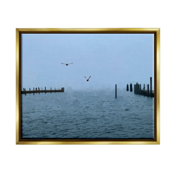 Stupell Industries Seagulls Over Ocean Dock Waters Coastal Photography Gold Floater Framed Art Print Wall Art