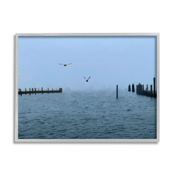 Stupell Industries Seagulls Over Ocean Dock Waters Coastal Photography Gray Framed Art Print Wall Art