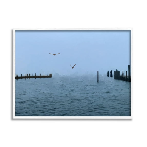 Stupell Industries Seagulls Over Ocean Dock Waters Coastal Photography White Framed Art Print Wall Art