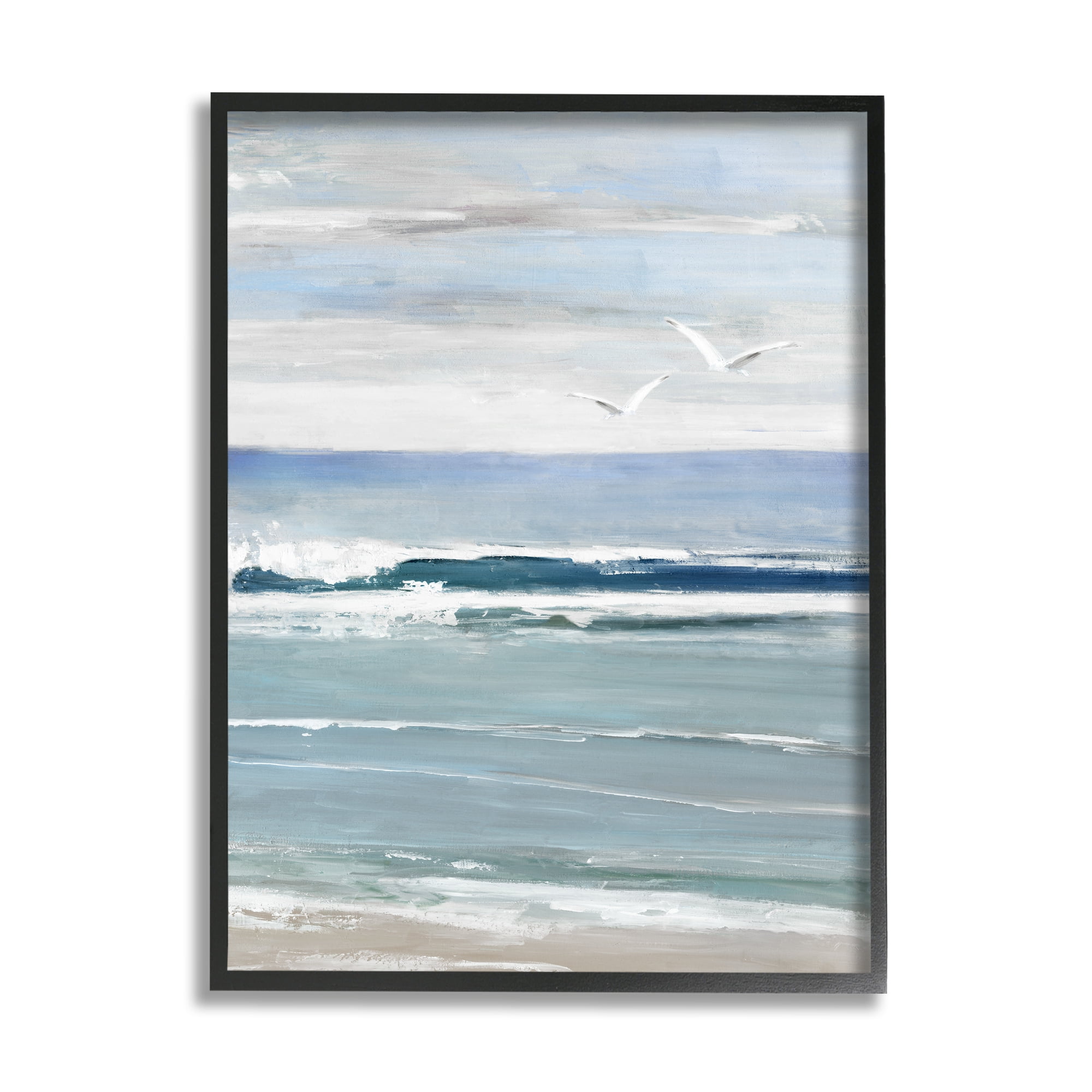 Stupell Industries Seagulls Over Shore Nature Painting Black Framed Art Print Wall Art, 24 x 30
