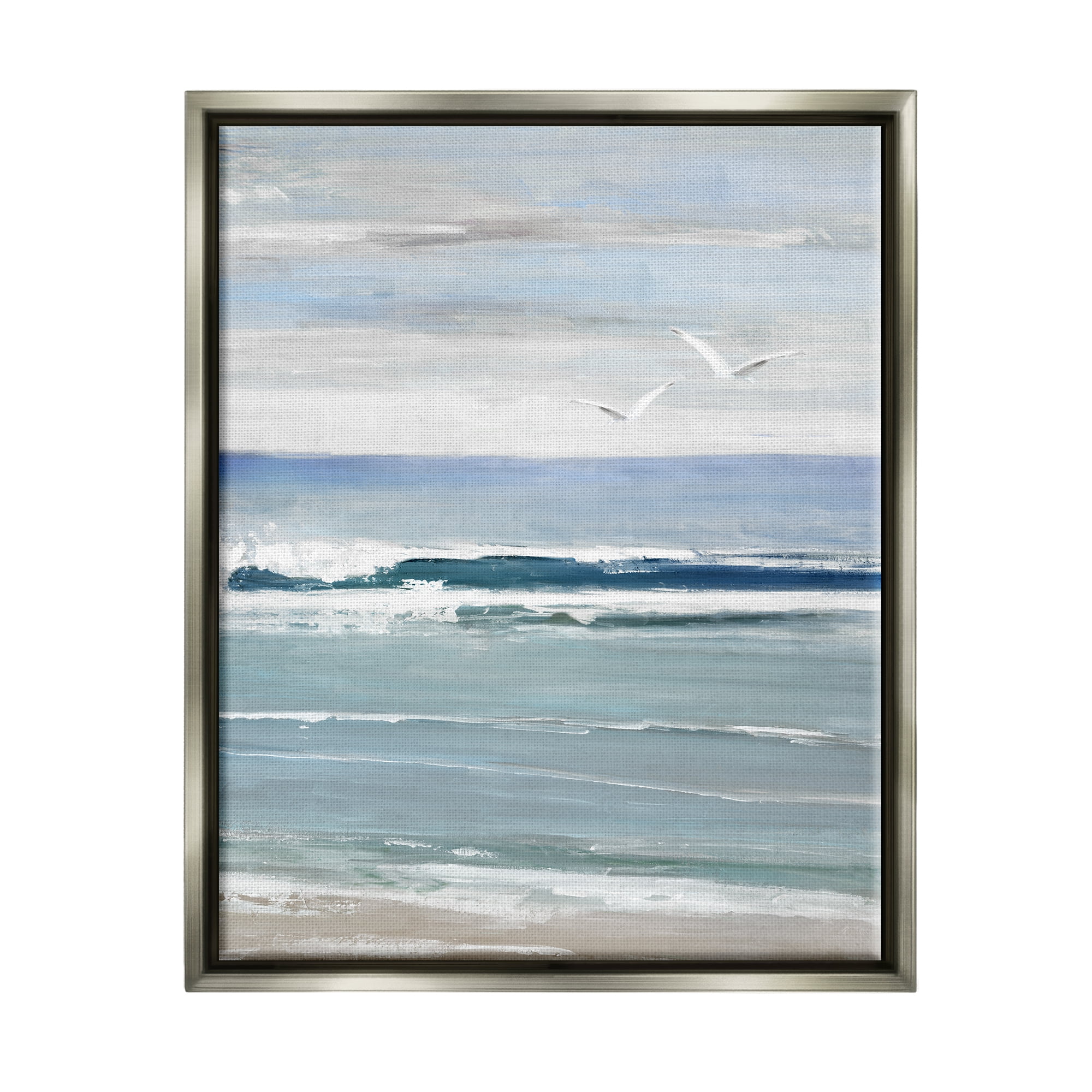 Stupell Industries Seagulls Over Shore Nature Painting Gray Floater Framed Canvas Art Print Wall Art, 17 x 21