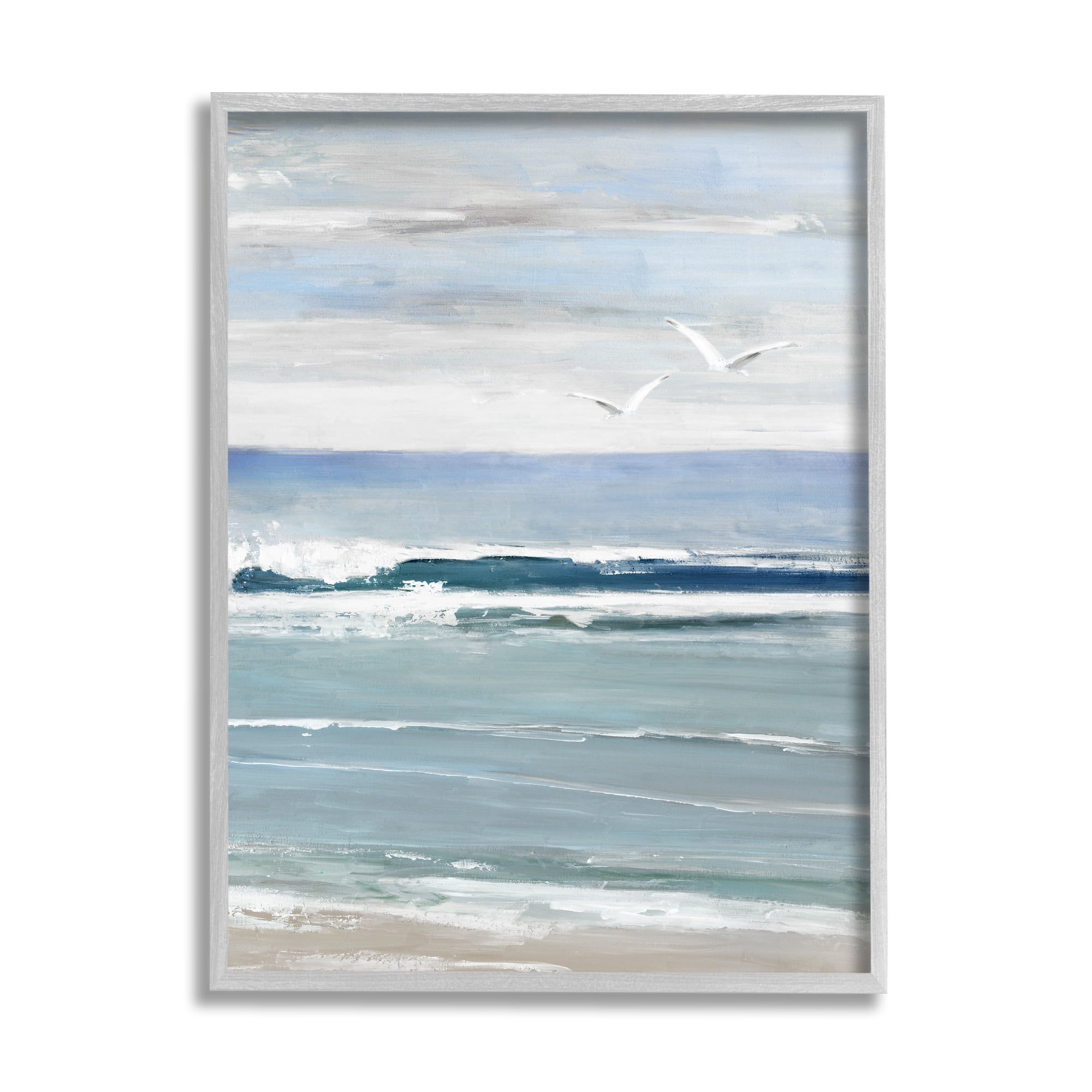 Stupell Industries Seagulls Over Shore Nature Painting Gray Framed Art Print Wall Art, 11 x 14