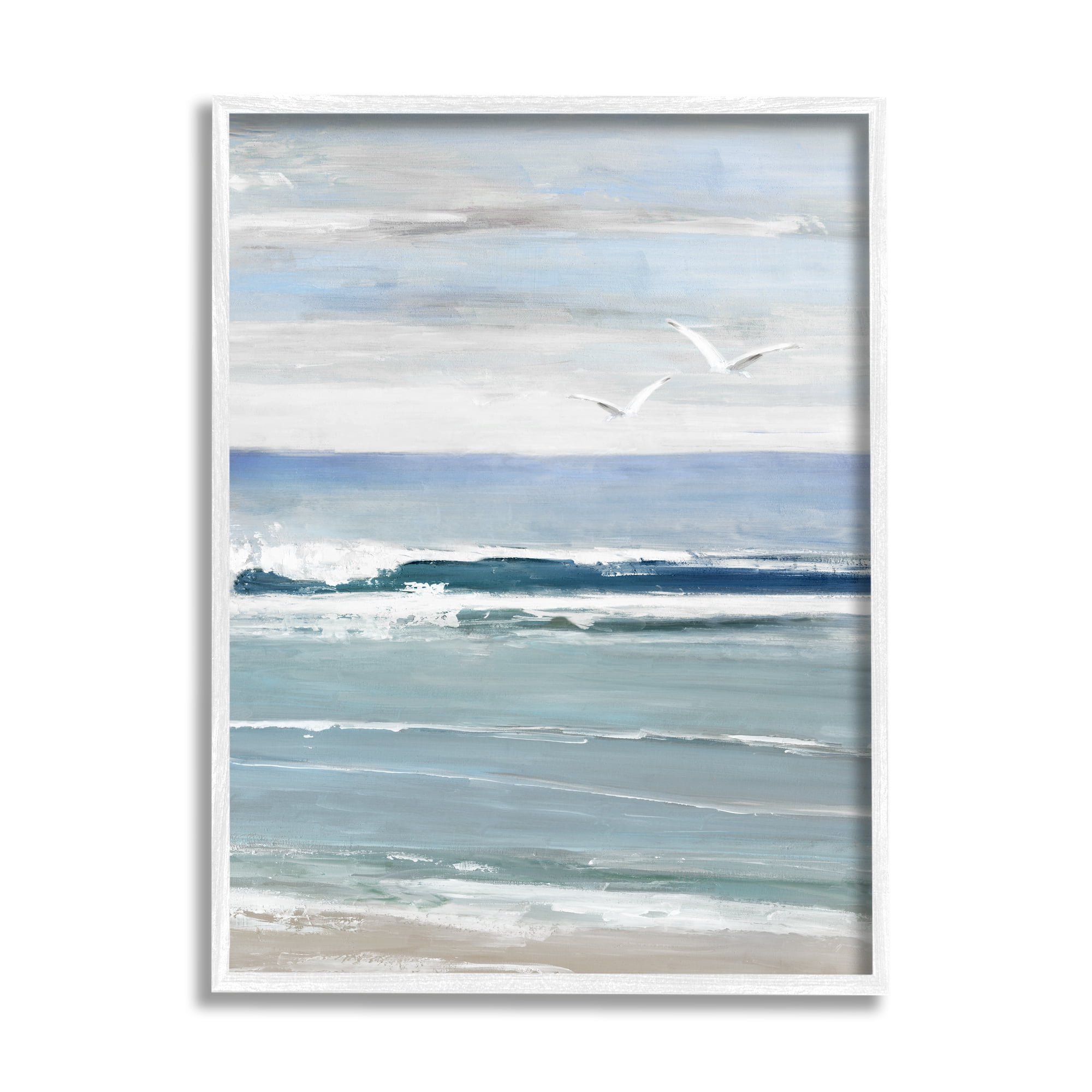 Stupell Industries Seagulls Over Shore Nature Painting White Framed Art Print Wall Art, 11 x 14