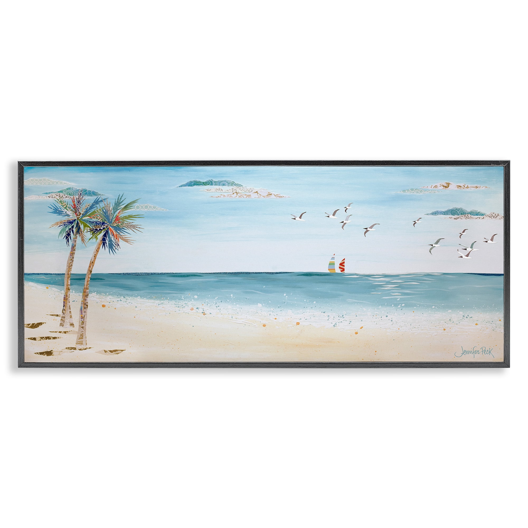Stupell Industries Seagulls & Palm Beach Landscape Painting Black Framed Art Print Wall Art, 24 x 10