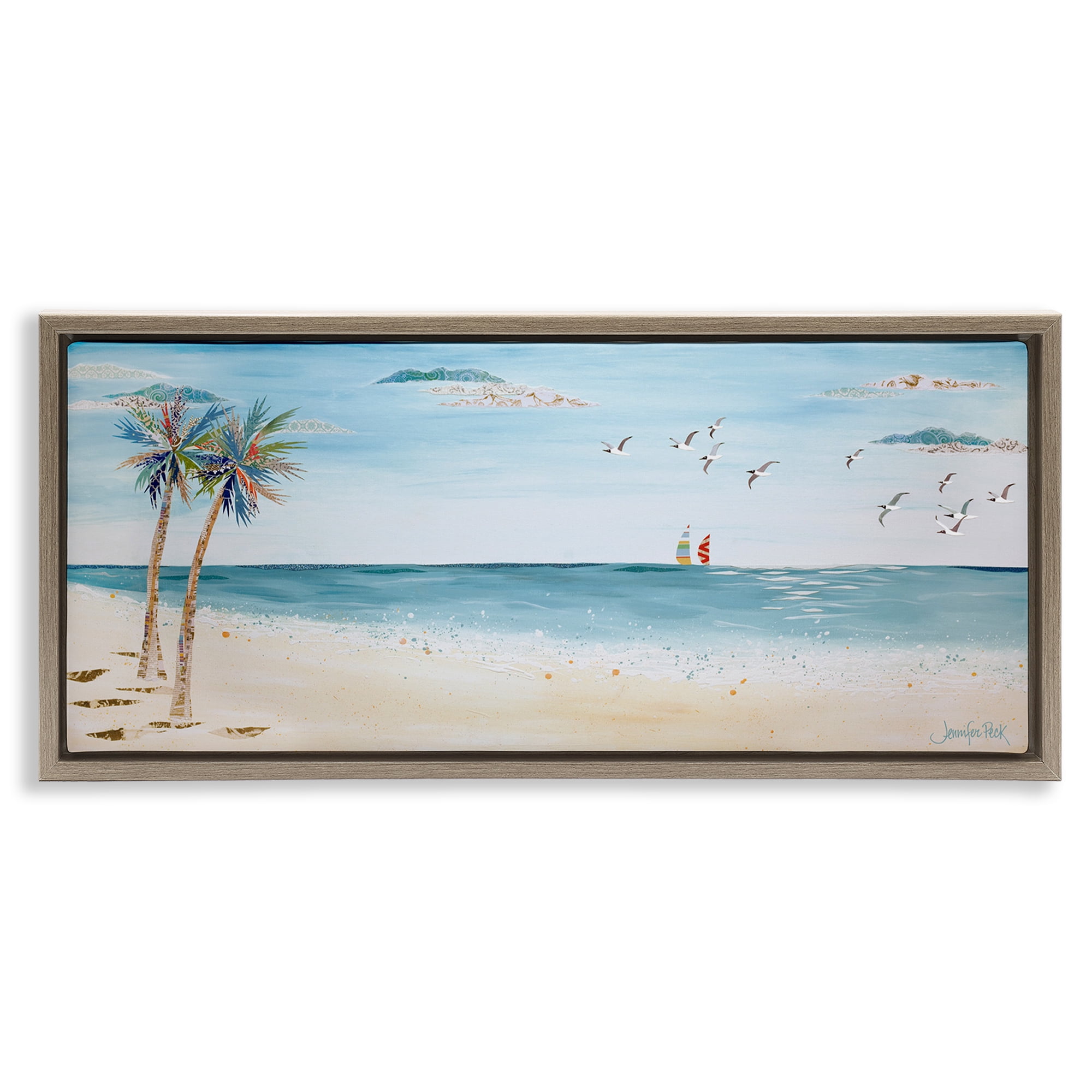 Stupell Industries Seagulls & Palm Beach Landscape Painting Brown Floater Framed Canvas Art Print Wall Art, 25 x 11