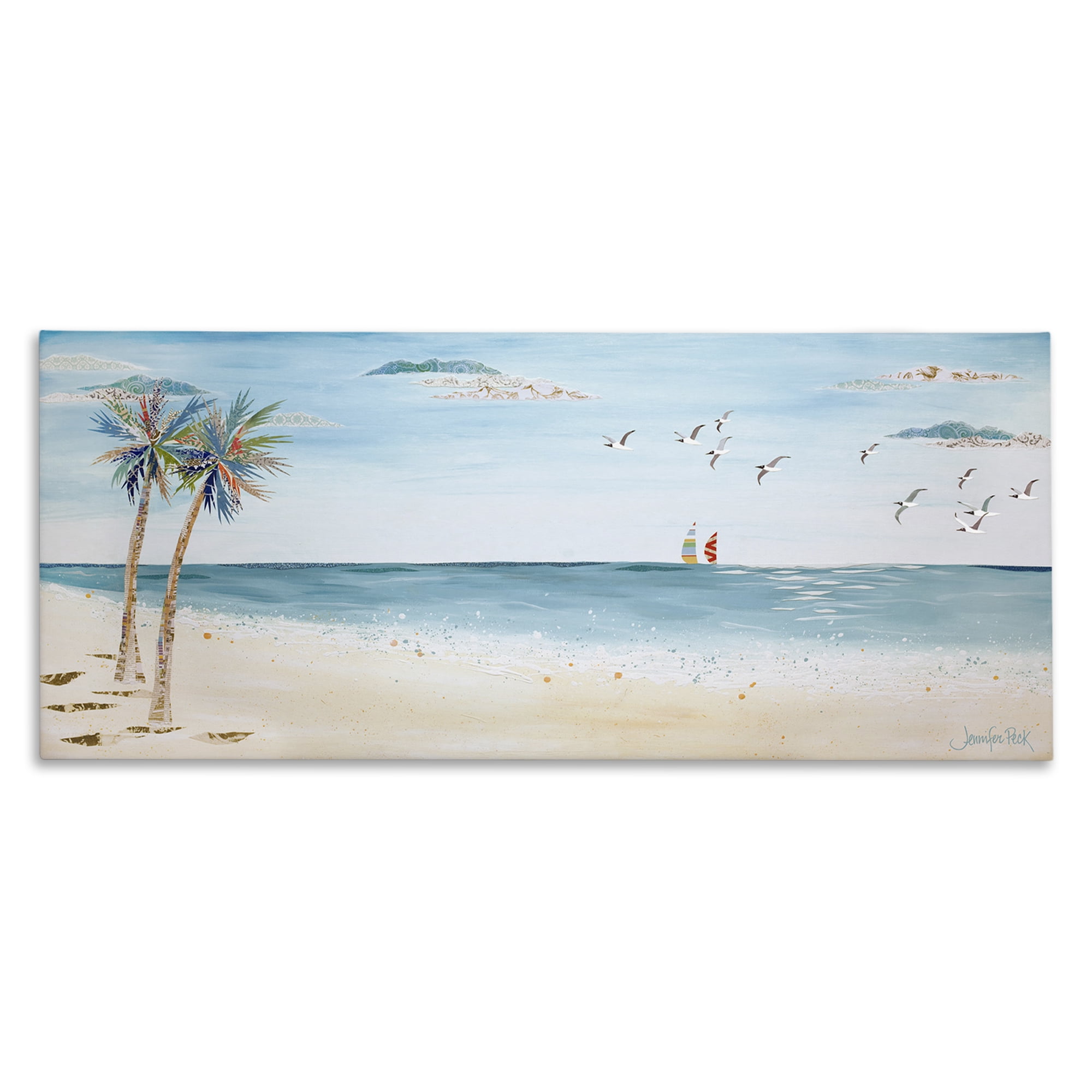 Stupell Industries Seagulls & Palm Beach Landscape Painting Gallery Wrapped Canvas Art Print Wall Art, 48 x 20