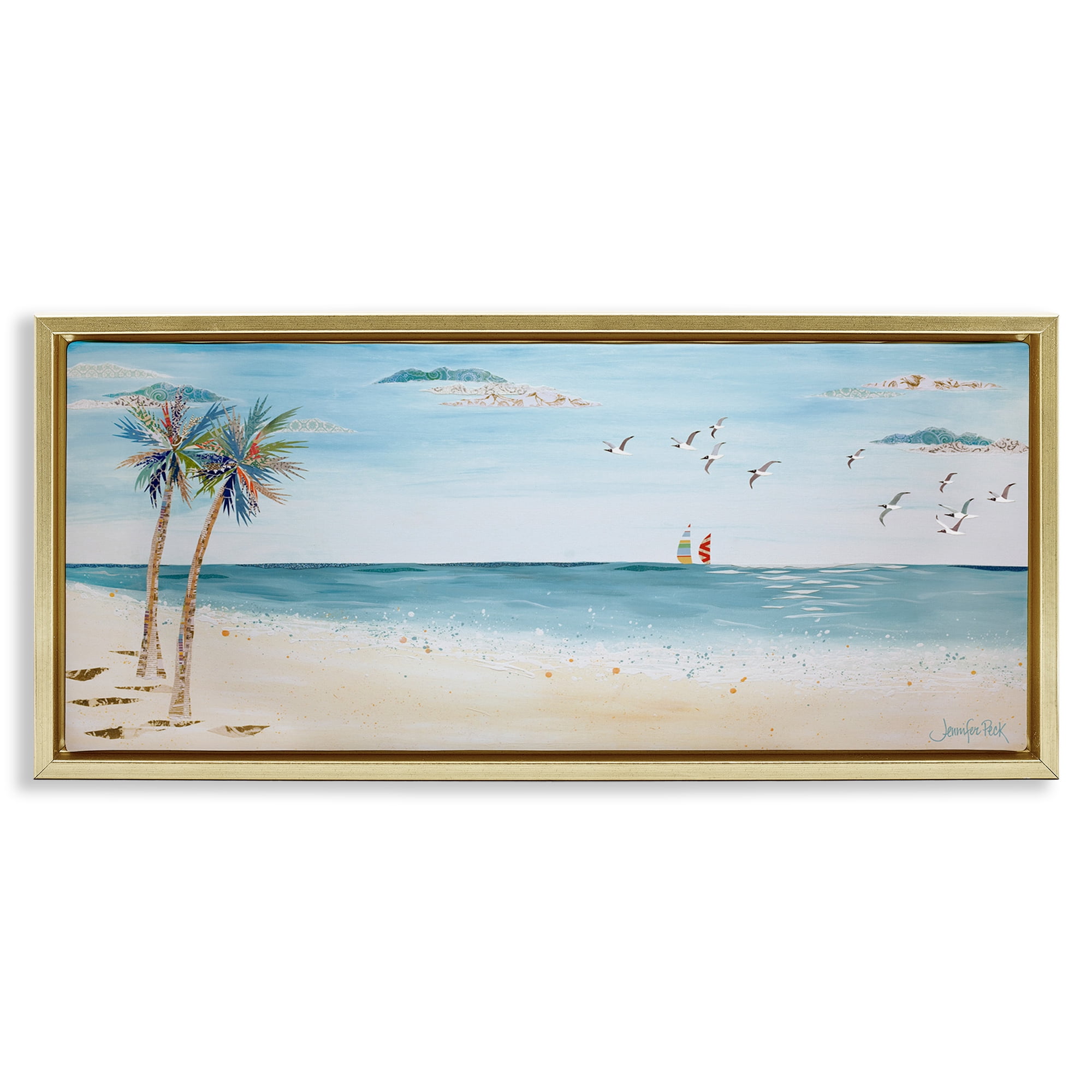 Stupell Industries Seagulls & Palm Beach Landscape Painting Gold Floater Framed Canvas Art Print Wall Art, 31 x 14