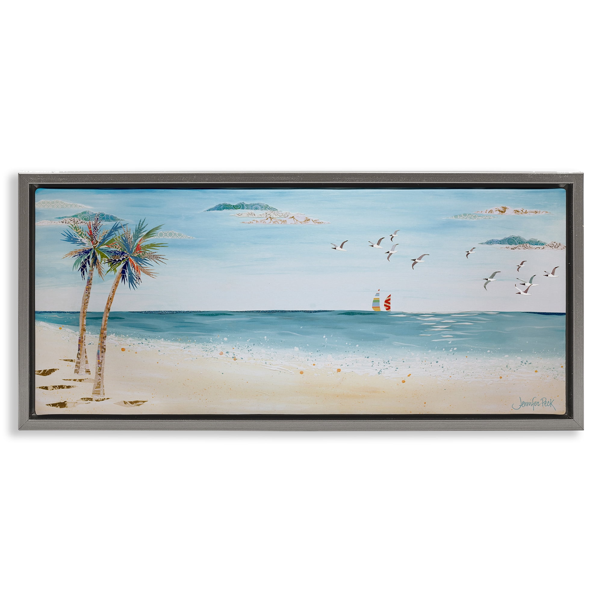 Stupell Industries Seagulls & Palm Beach Landscape Painting Gray Floater Framed Canvas Art Print Wall Art, 25 x 11