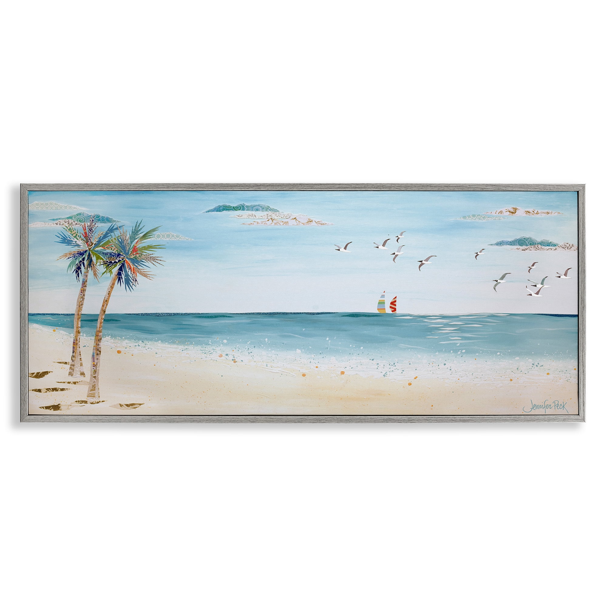 Stupell Industries Seagulls & Palm Beach Landscape Painting Gray Framed Art Print Wall Art, 30 x 13