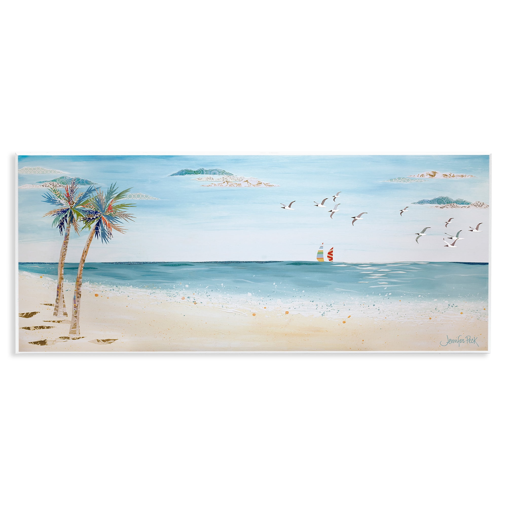 Stupell Industries Seagulls & Palm Beach Landscape Painting Unframed Art Print Wall Art, 17 x 7