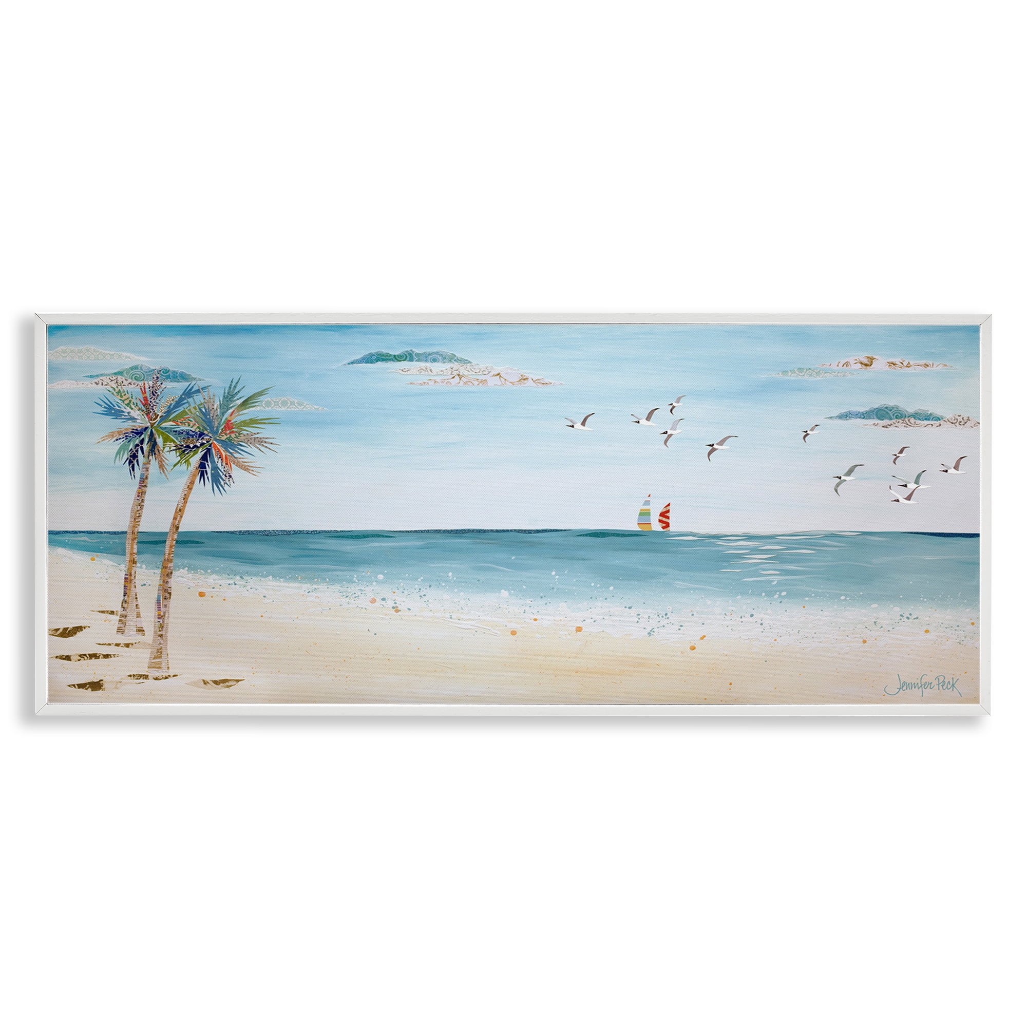 Stupell Industries Seagulls & Palm Beach Landscape Painting White Framed Art Print Wall Art, 30 x 13
