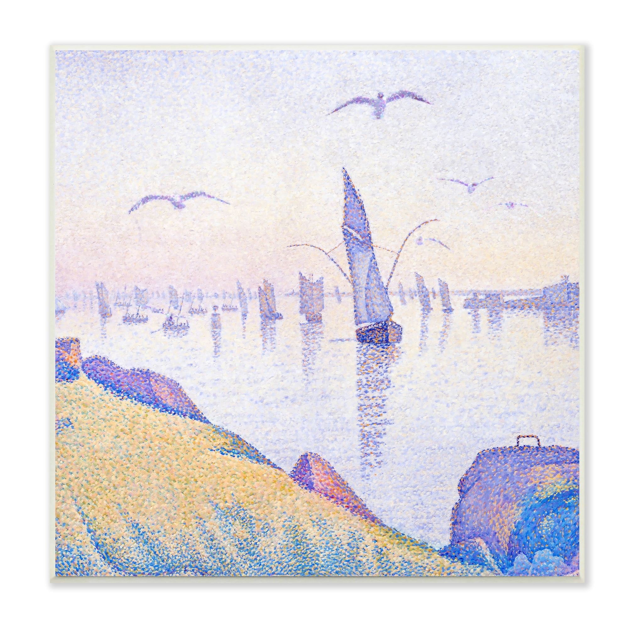 Stupell Industries Seagulls and Sailboat Coast Sunrise Morning Pointillism Painting, 12 x 12, Design by Steve Hunziker