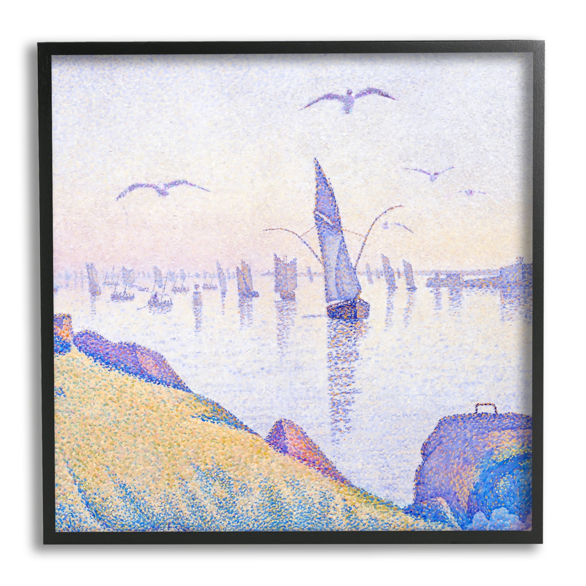 Stupell Industries Seagulls and Sailboat Coast Sunrise Morning Pointillism Painting, 24 x 24, Design by Steve Hunziker