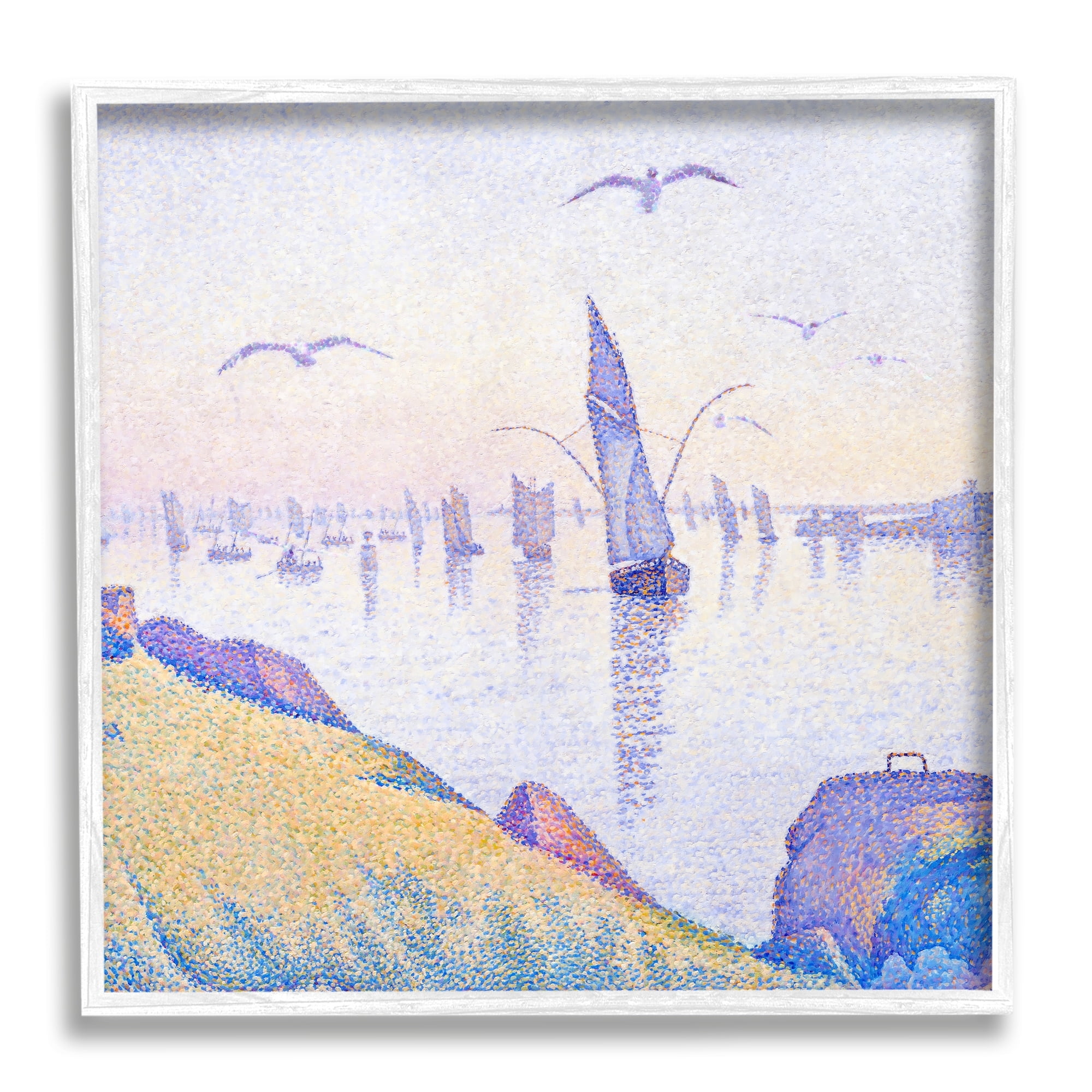 Stupell Industries Seagulls and Sailboat Coast Sunrise Morning Pointillism Painting, 24 x 24, Design by Steve Hunziker