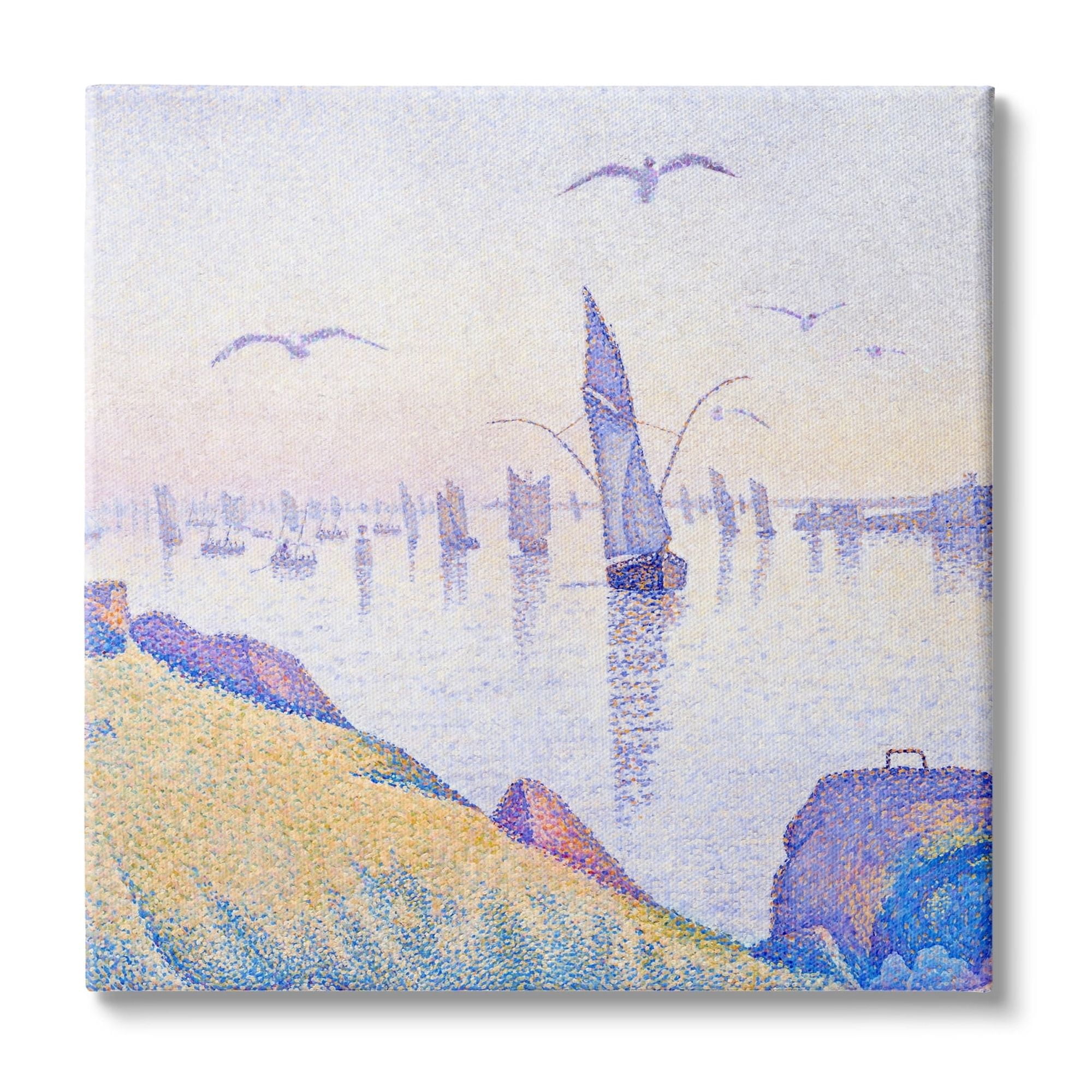 Stupell Industries Seagulls and Sailboat Coast Sunrise Morning Pointillism Painting, 30 x 30, Design by Steve Hunziker