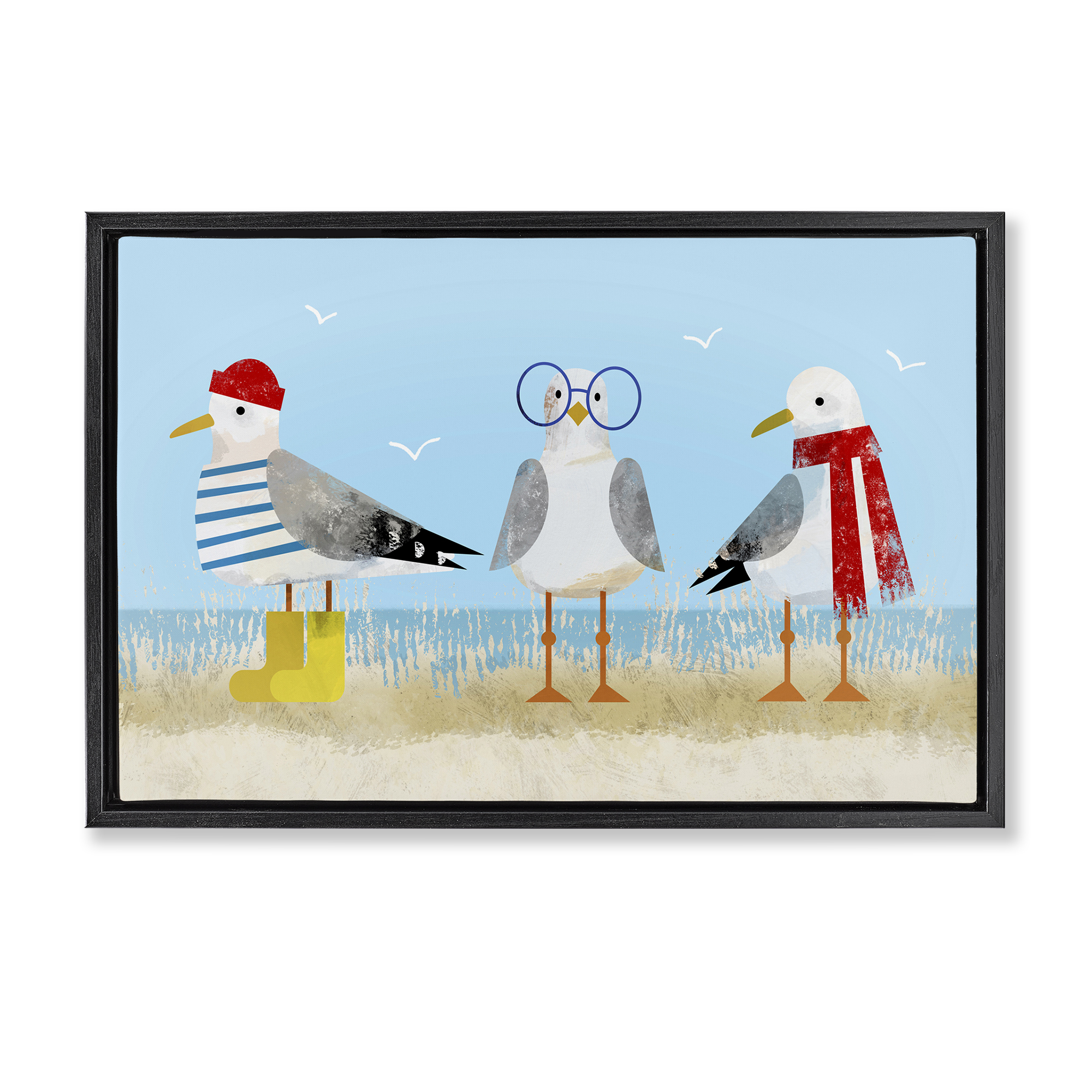 Stupell Industries Seagulls in Winter Clothes Animals Painting Black Floater Framed Canvas Art Print Wall Art, 25 x 17