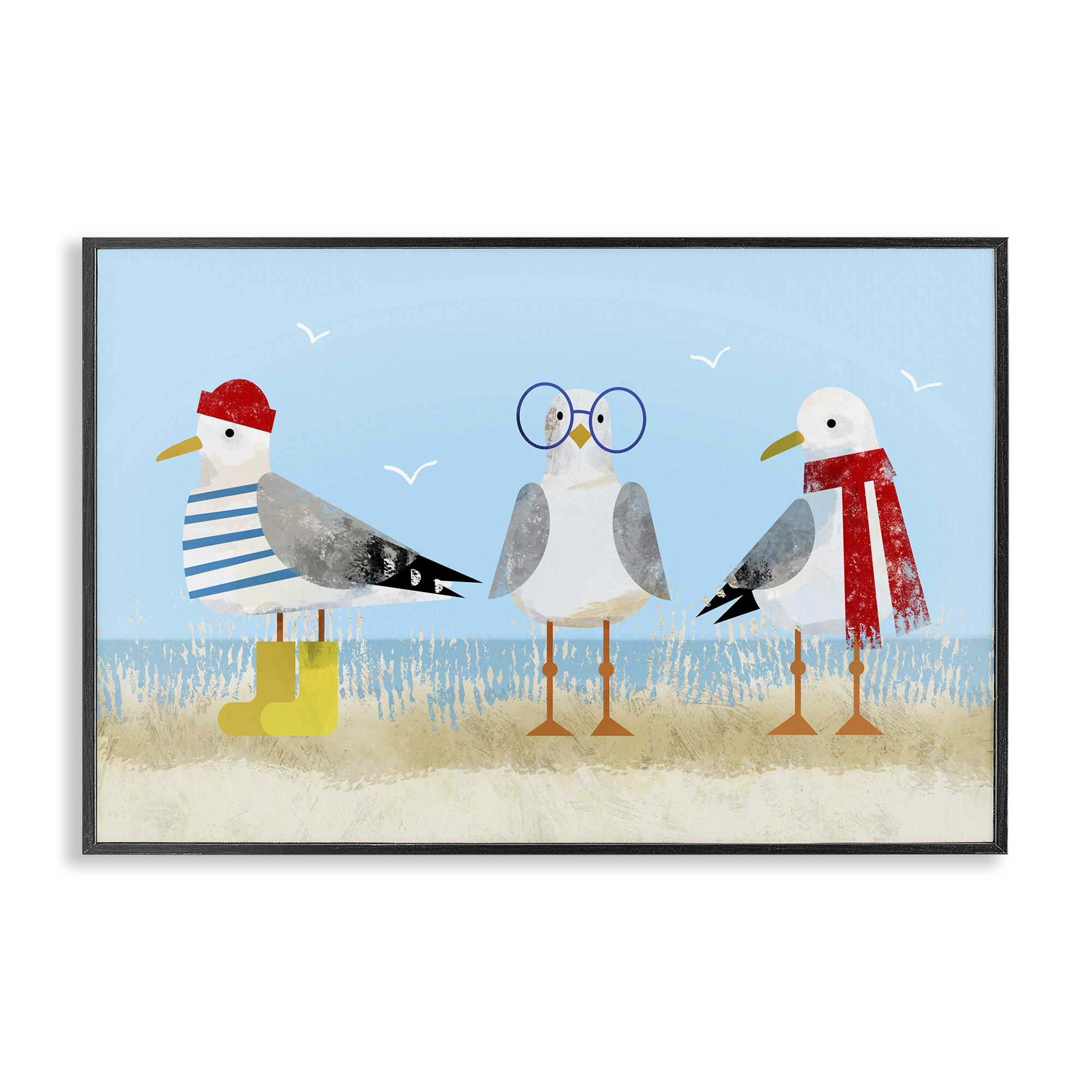 Stupell Industries Seagulls in Winter Clothes Animals Painting Black Framed Art Print Wall Art, 18 x 12