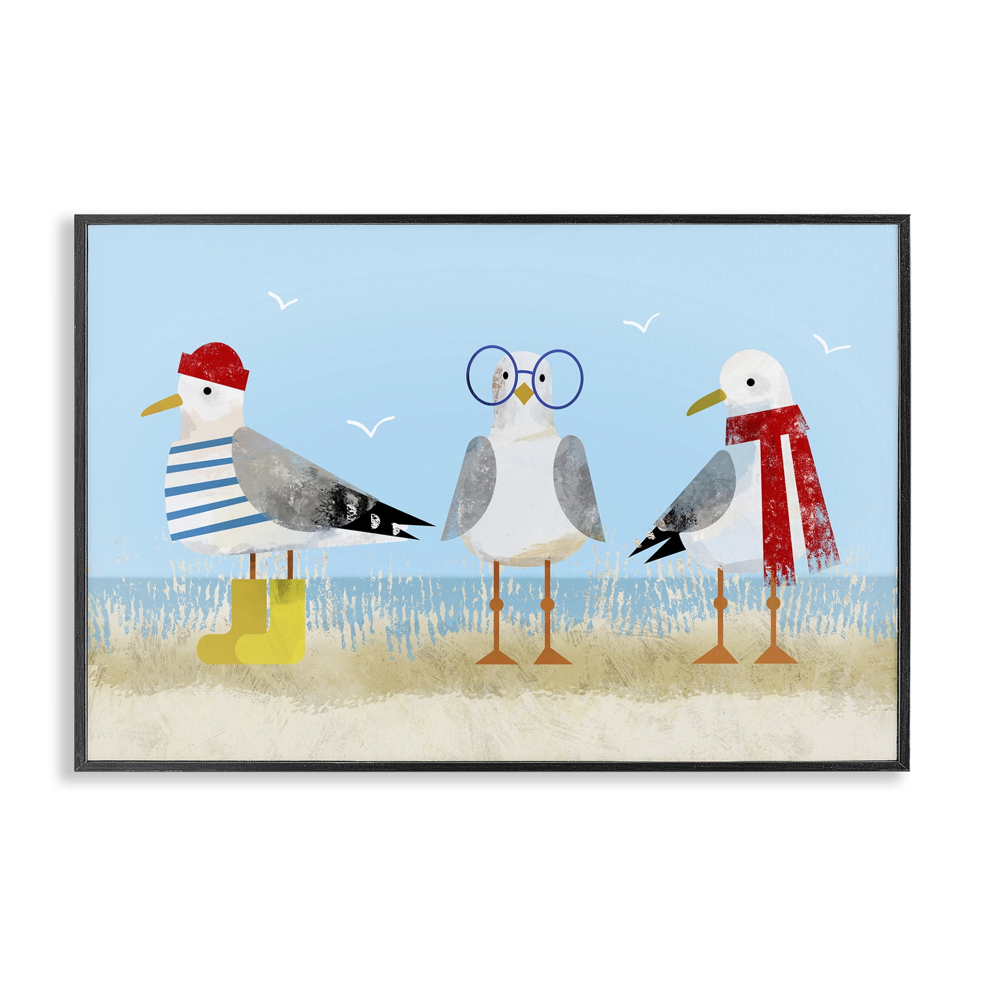 Stupell Industries Seagulls in Winter Clothes Animals Painting Black Framed Art Print Wall Art, 24 x 16