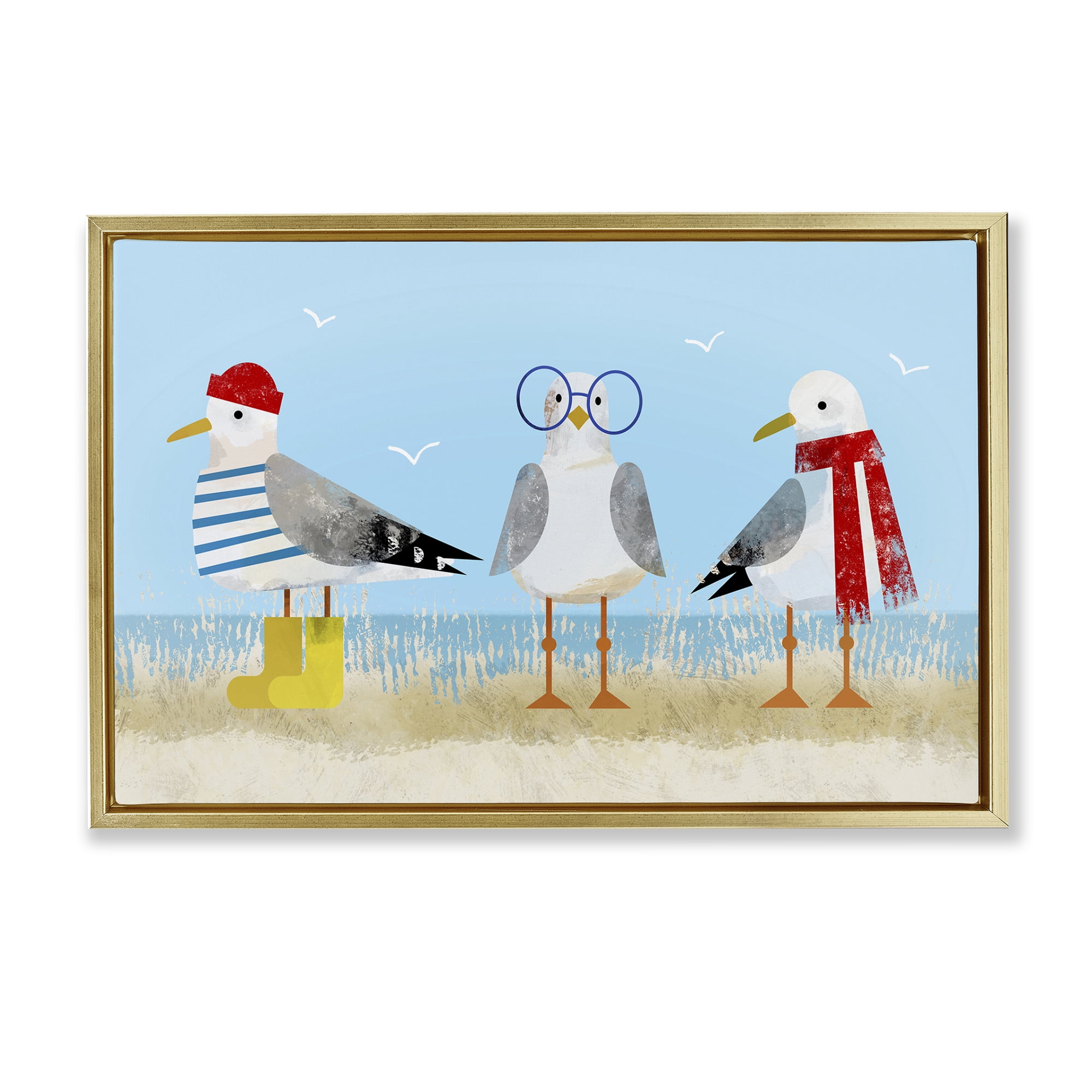 Stupell Industries Seagulls in Winter Clothes Animals Painting Gold Floater Framed Canvas Art Print Wall Art, 25 x 17