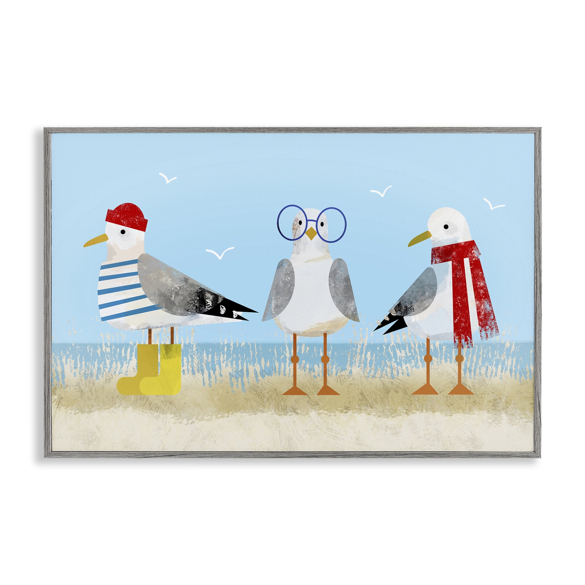 Stupell Industries Seagulls in Winter Clothes Animals Painting Gray Framed Art Print Wall Art, 18 x 12