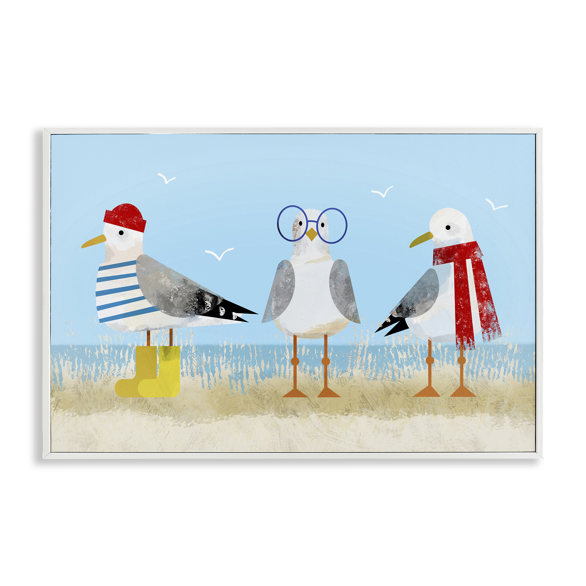 Stupell Industries Seagulls in Winter Clothes Animals Painting White Framed Art Print Wall Art, 18 x 12