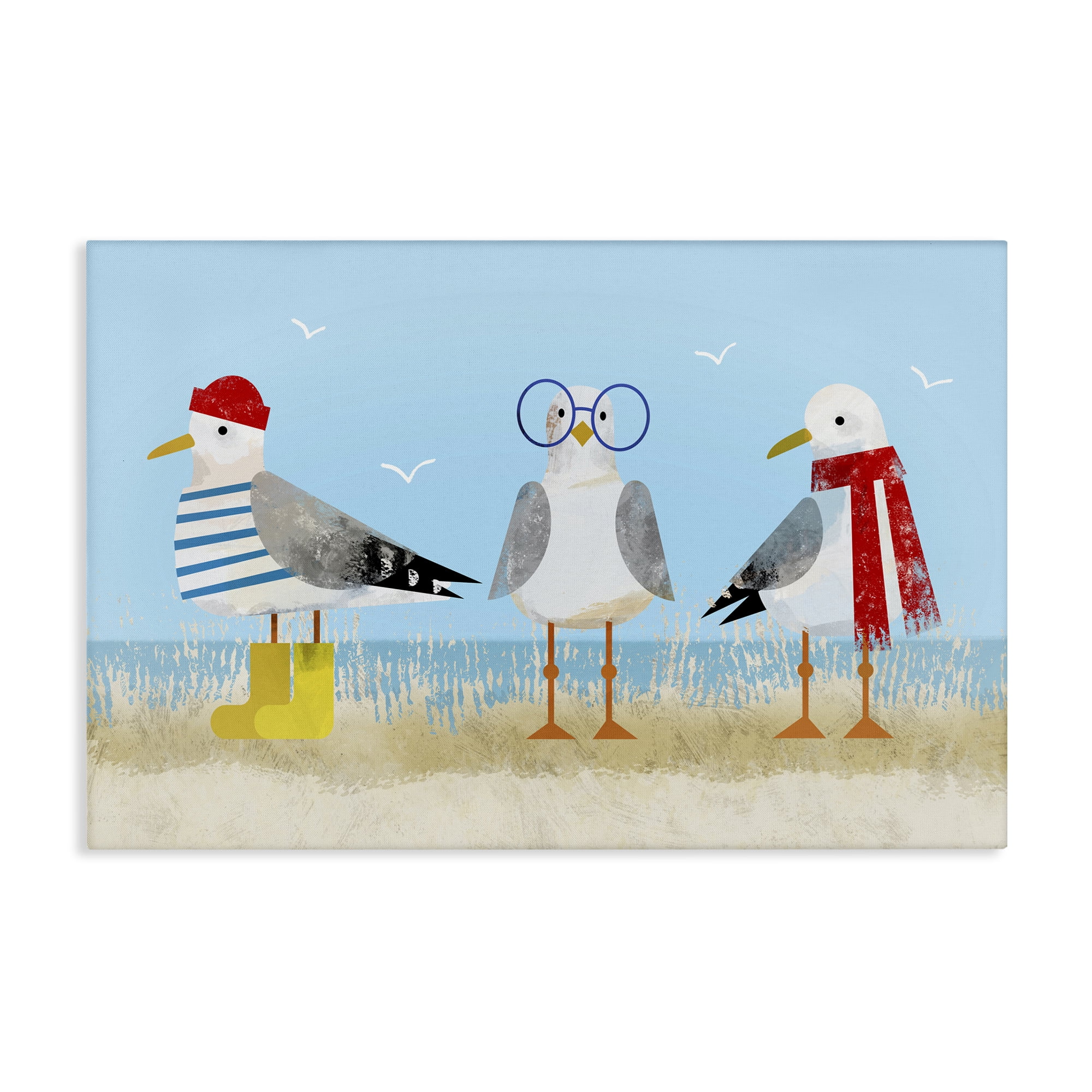 Stupell Industries Seagulls in Winter Clothes Animals Painting Wrapped Canvas Art Print Wall Art, 24 x 16