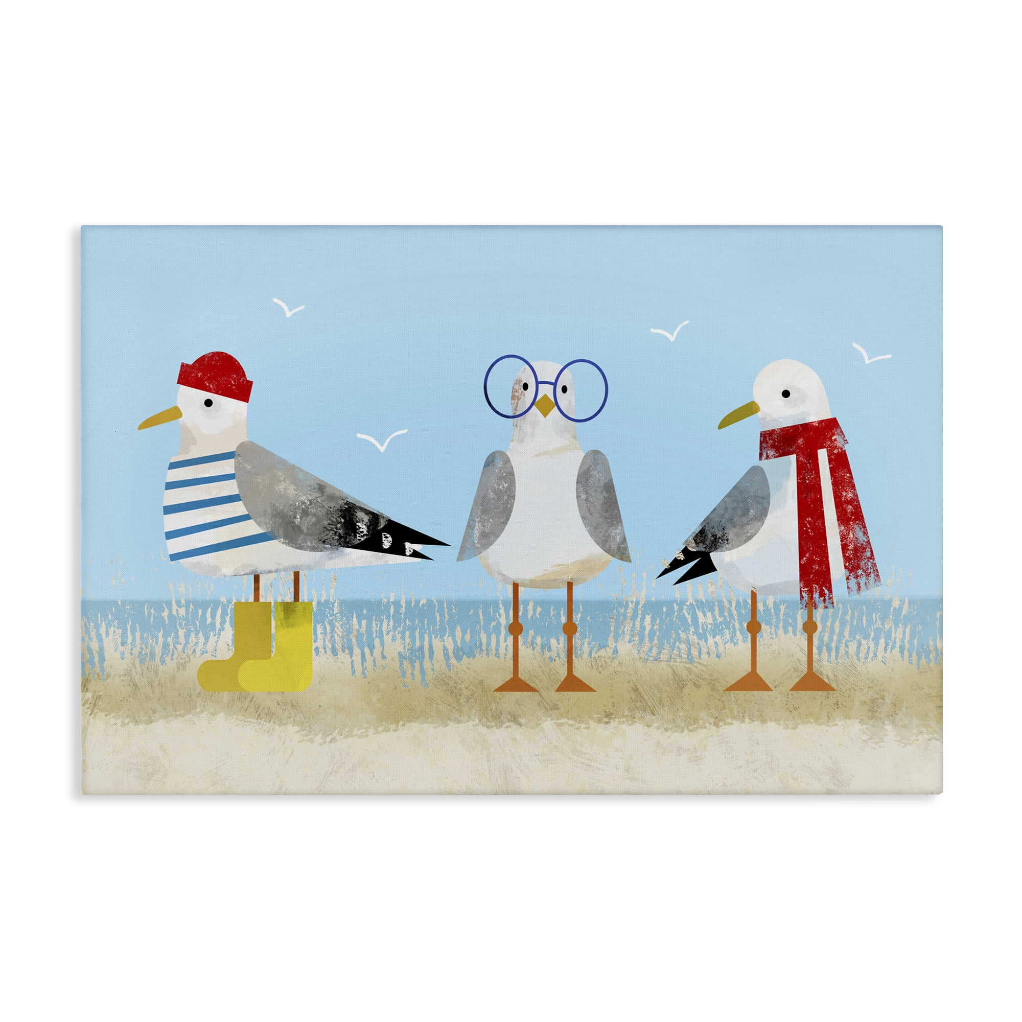 Stupell Industries Seagulls in Winter Clothes Animals Painting Wrapped Canvas Art Print Wall Art, 45 x 30
