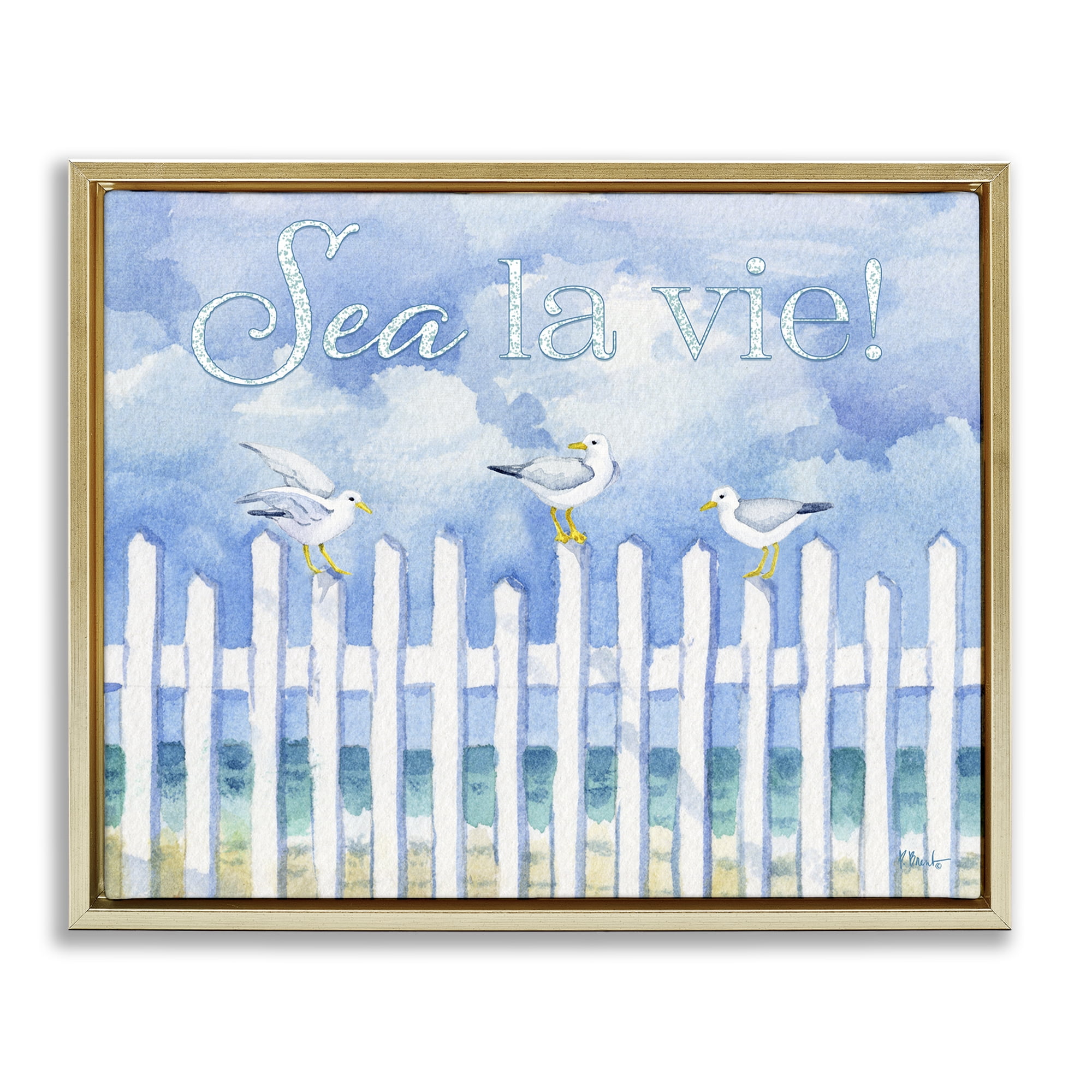 Stupell Industries Seagulls on Beach Fence Holiday Painting Gold Floater Framed Canvas Art Print Wall Art, 21 x 17