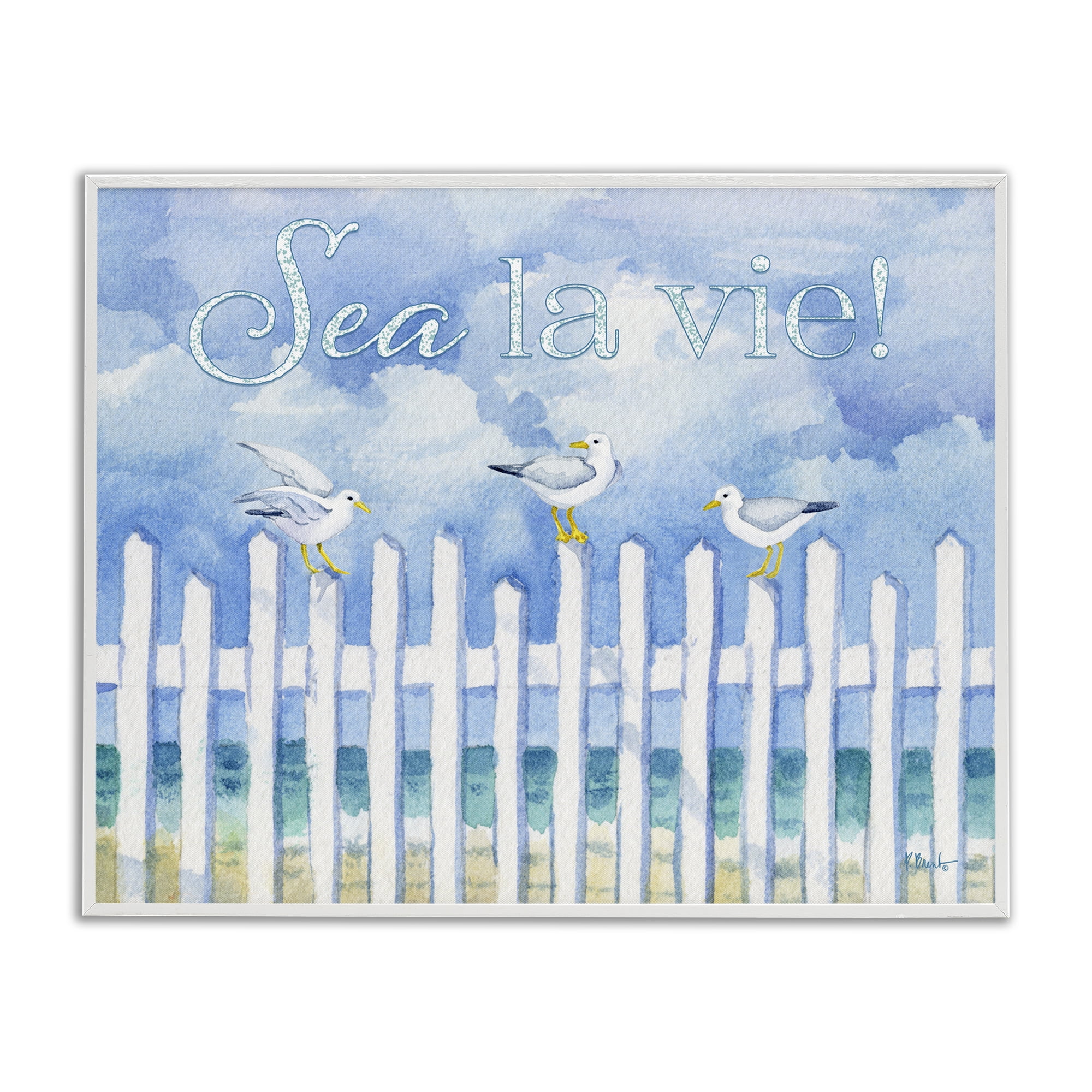 Stupell Industries Seagulls on Beach Fence Holiday Painting White Framed Art Print Wall Art, 30 x 24