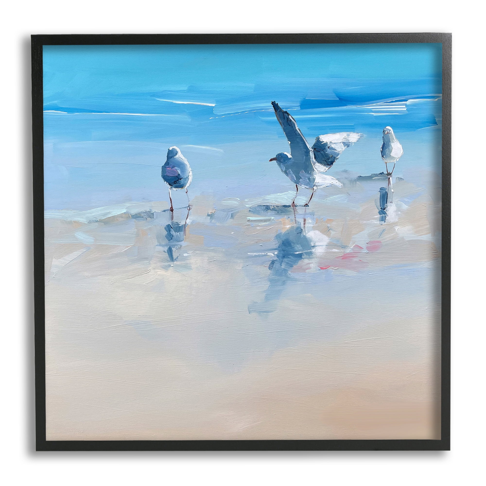 Stupell Industries Seagulls on Beach Painting Animals & Insects Painting Black Framed Art Print Wall Art, 24 x 24